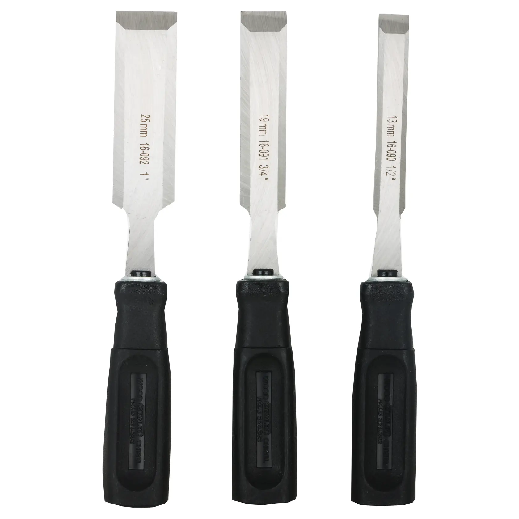 Stanley 16-089 chisel set, three wood chisels with black handles, front angle on white background.