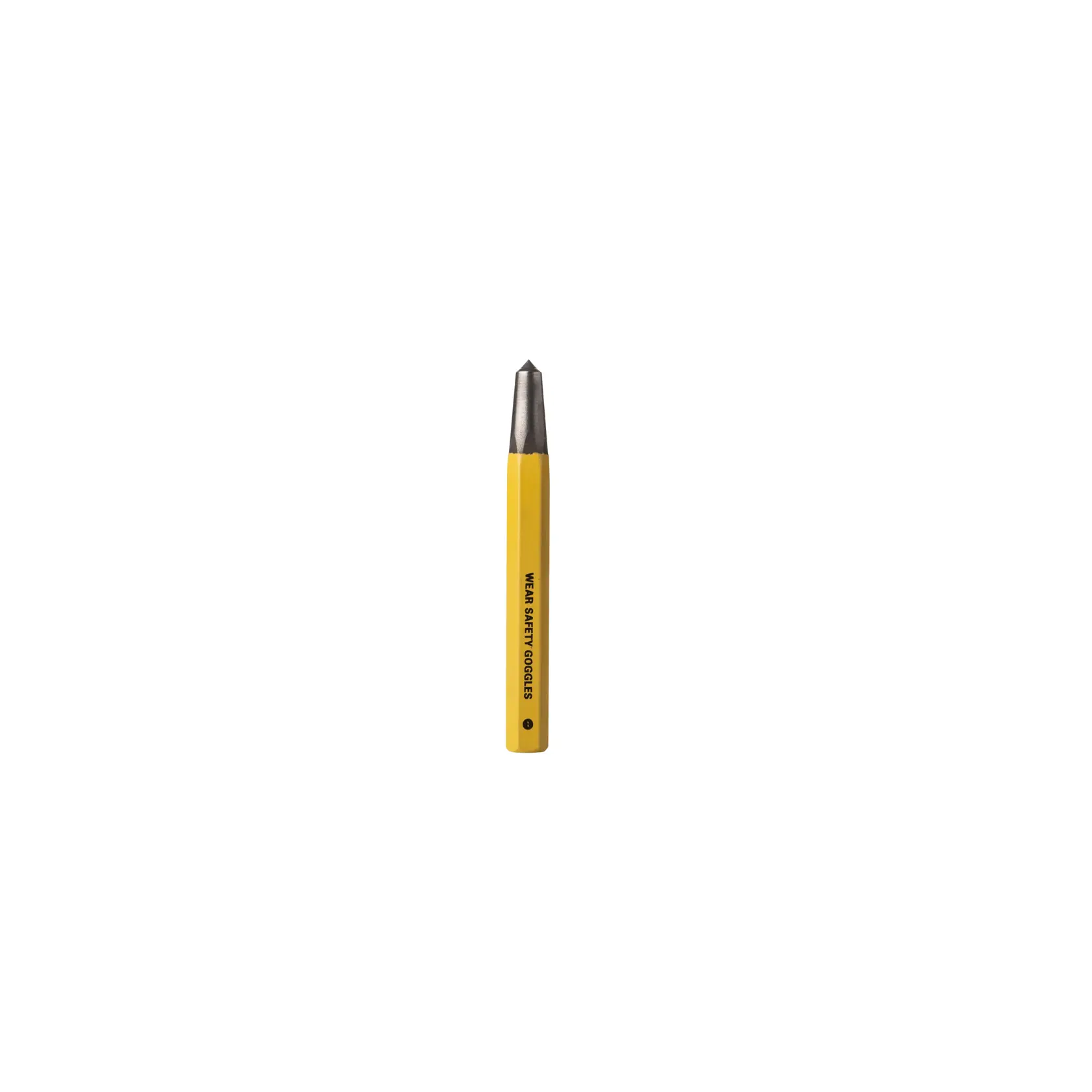 STANLEY 16-228 center punch with yellow handle, steel tip, upright front view on white background.