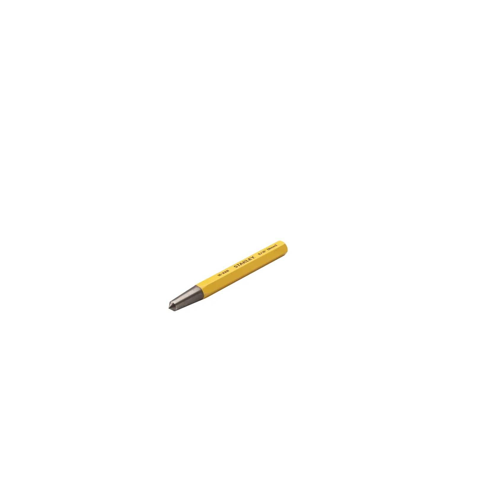 STANLEY 16-228 yellow steel letter punch tool, angled view on white background.
