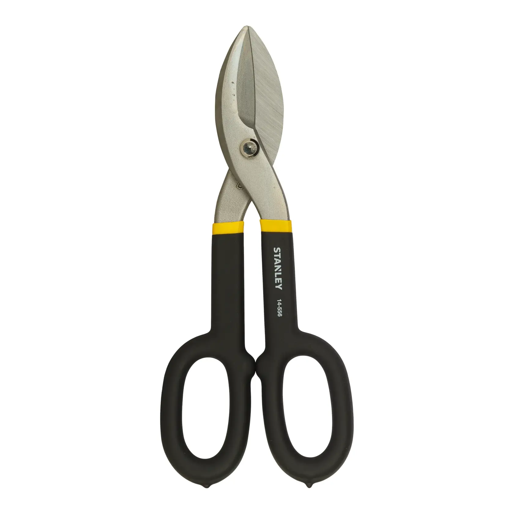 Stanley aviation snips with black handles and sharp blades, suitable for cutting sheet metal or similar materials.