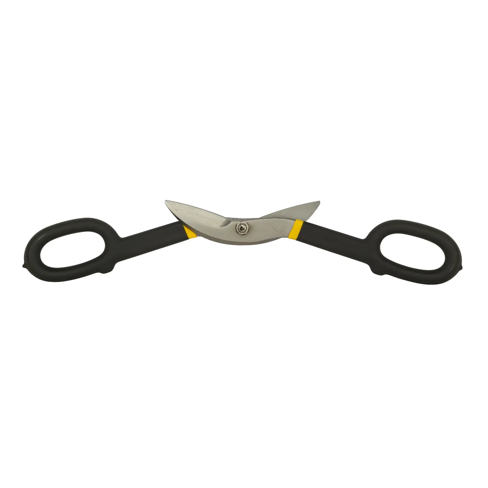 Stanley metal tin snips with black and yellow handles, angled steel blades for cutting sheet materials.