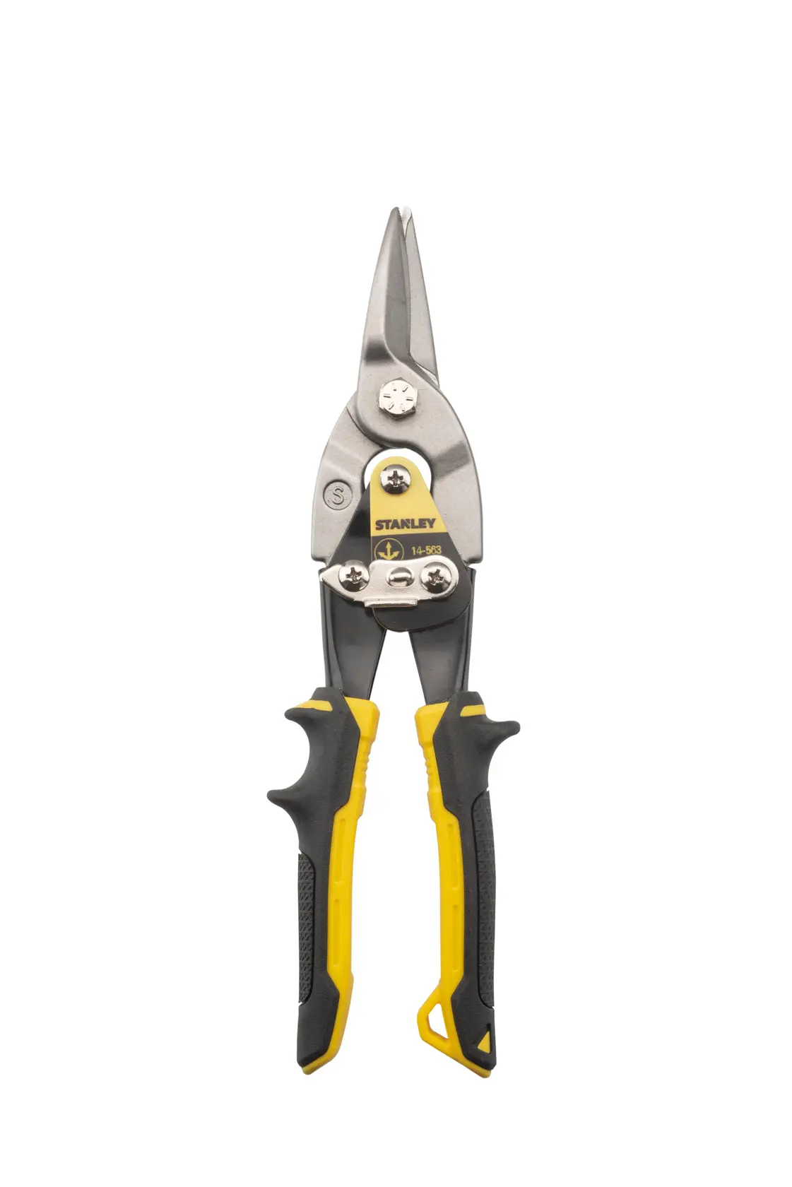 STANLEY 2-14-563 aviation snip with yellow and black handles, front angle on white background.