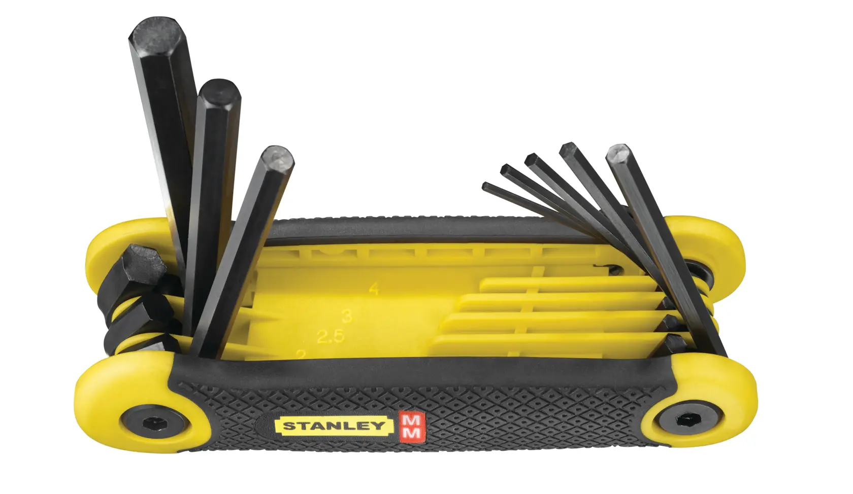 STANLEY 2-69-264 hex key set with yellow and black foldable holder, multiple hex keys extended, side angle.