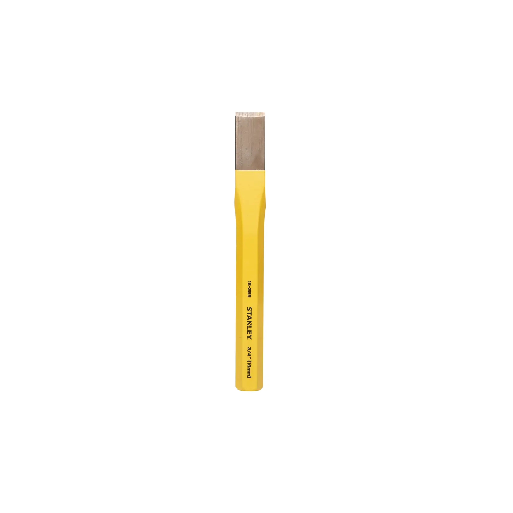 Stanley yellow cold chisel with a flat metal blade and ergonomic handle, tool for cutting or shaping materials.