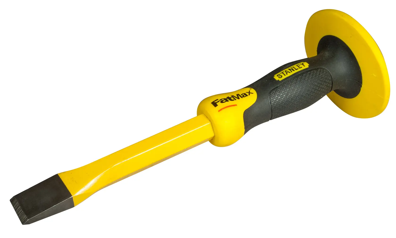 Stanley yellow and black chisel with a FatMax grip and hand guard for masonry work.