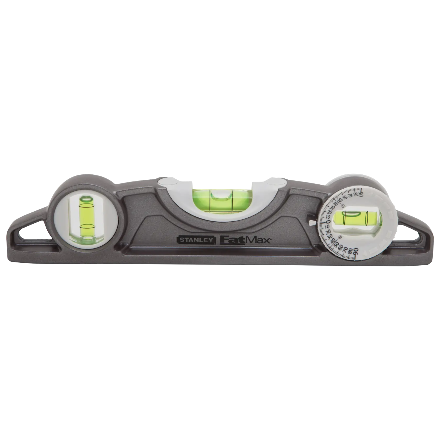 STANLEY 43-609I torpedo level with three bubble vials and angle gauge, front view on white background.
