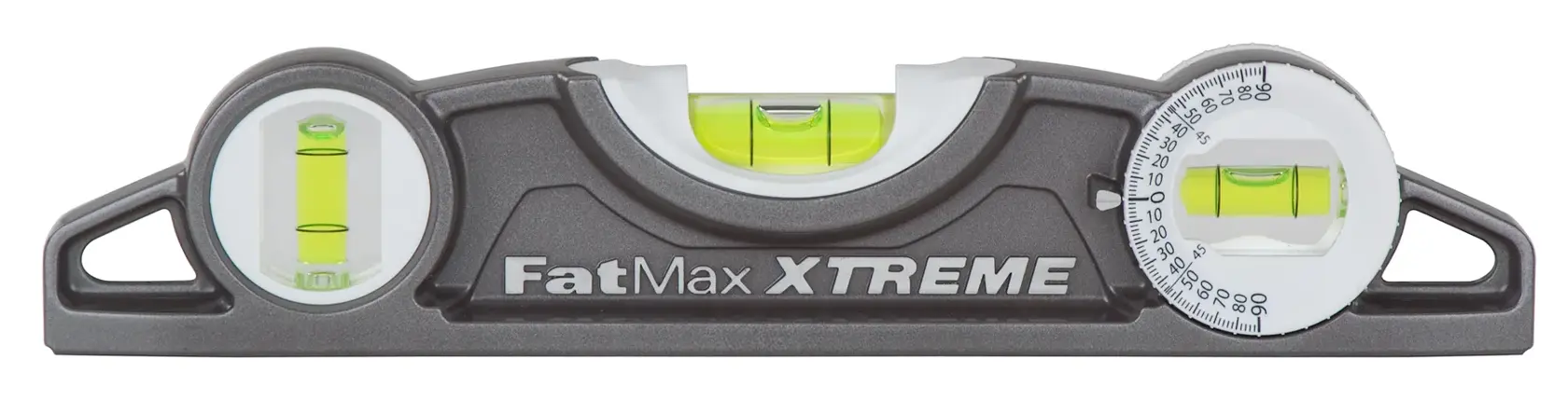 STANLEY 43-609I FatMax XTREME level photography, front angle, black body with three bubble vials.