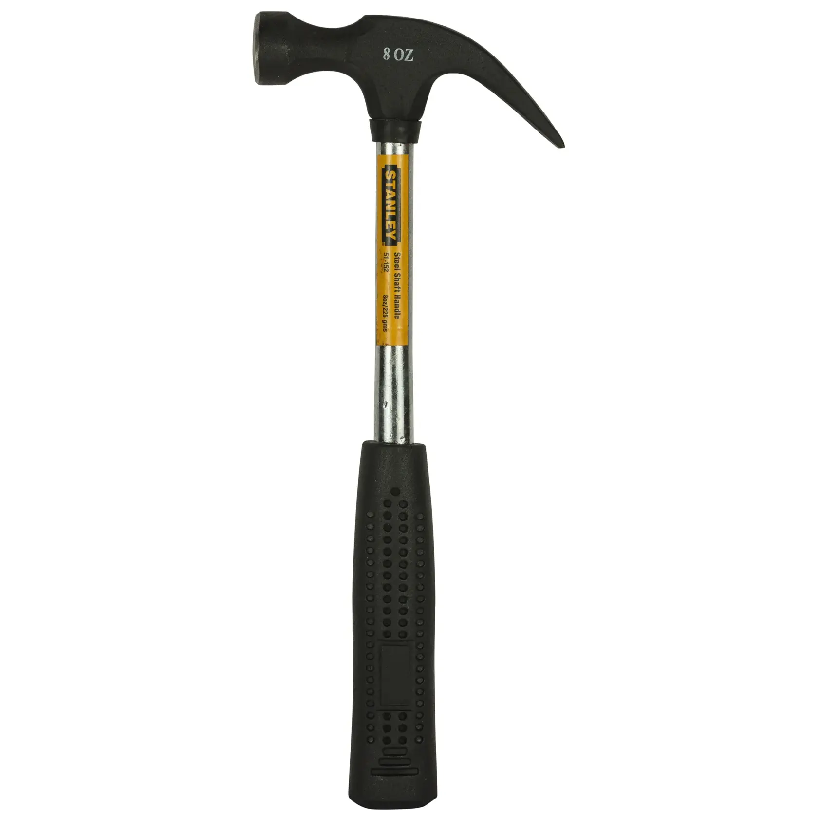 Stanley 8 oz claw hammer with black grip handle and steel shaft for general use.