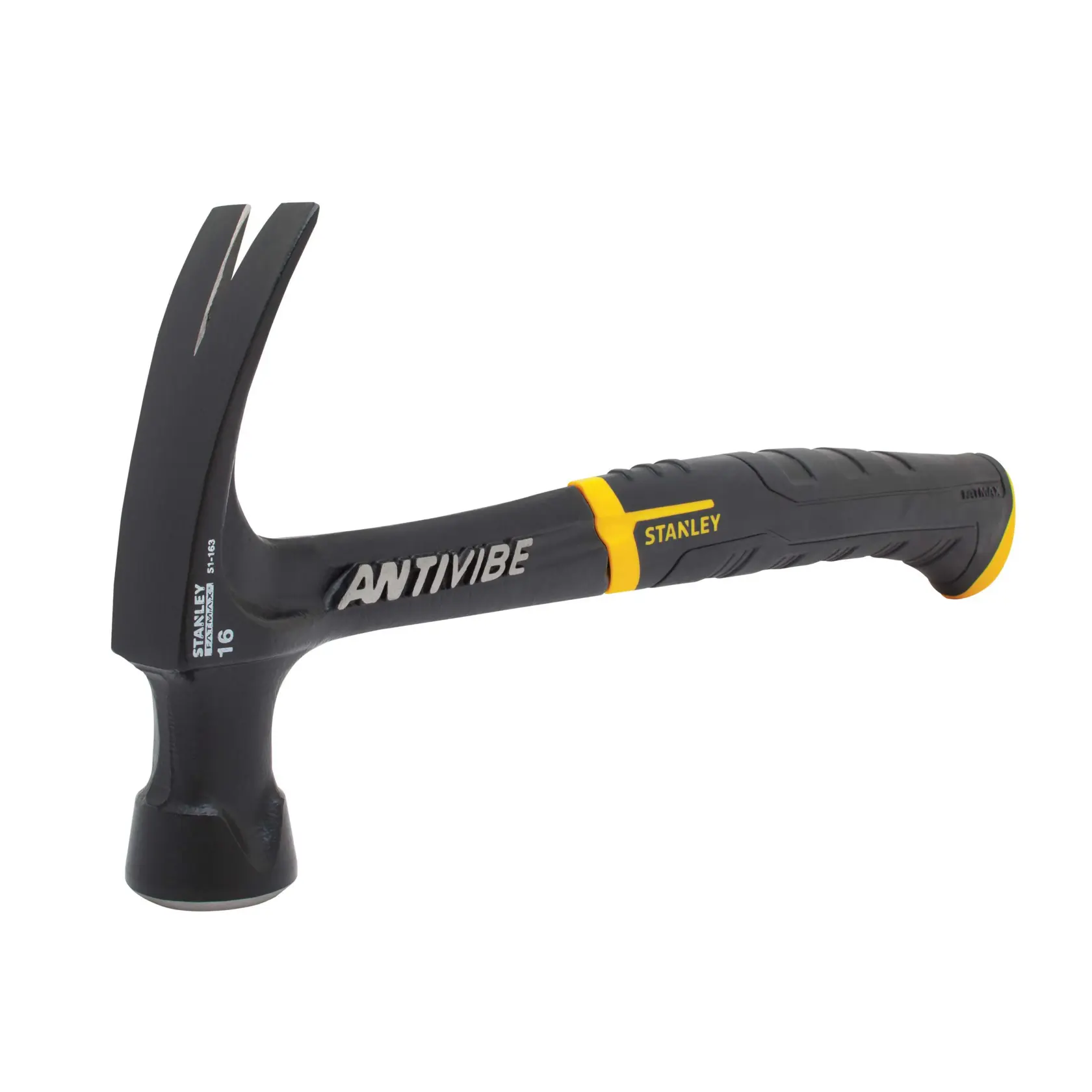Photo of STANLEY 51-163 claw hammer with black and yellow anti-vibration handle, side angle on white background.