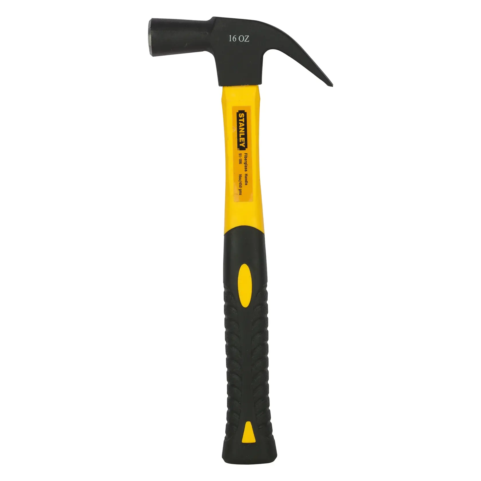 Stanley claw hammer with yellow handle and black grip, 16 oz, suitable for construction or home use.