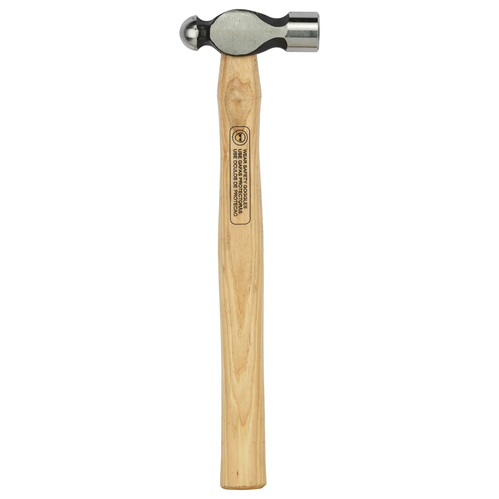 Stanley ball pein hammer with a wooden handle, metal head, and safety label on the handle. Tool for metalwork.