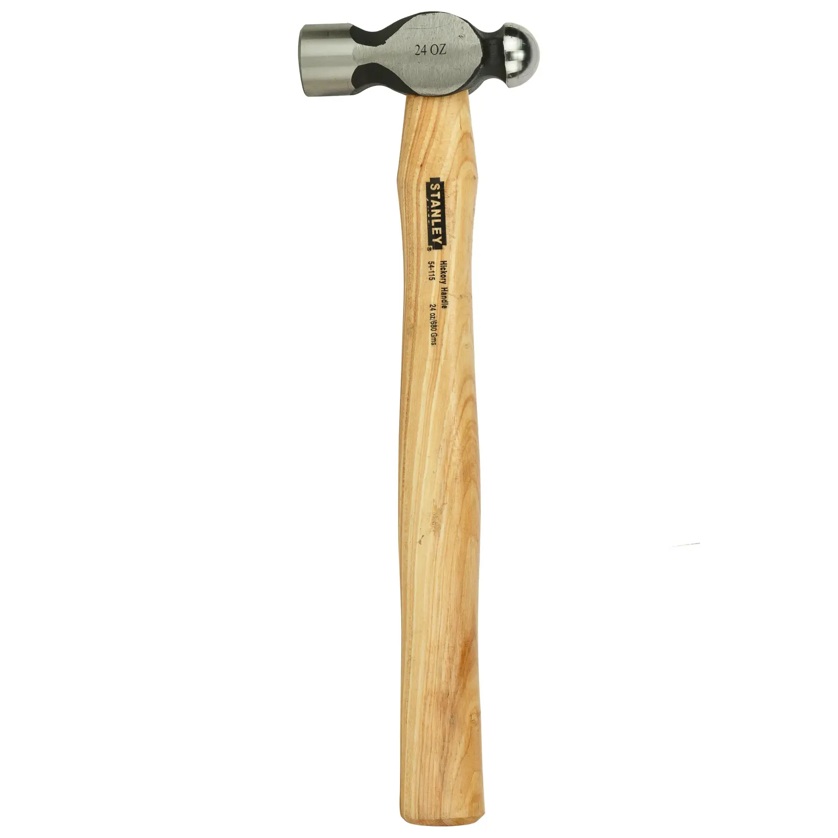 Stanley ball peen hammer with wooden handle, 24 oz size, used for metalworking and shaping tasks.