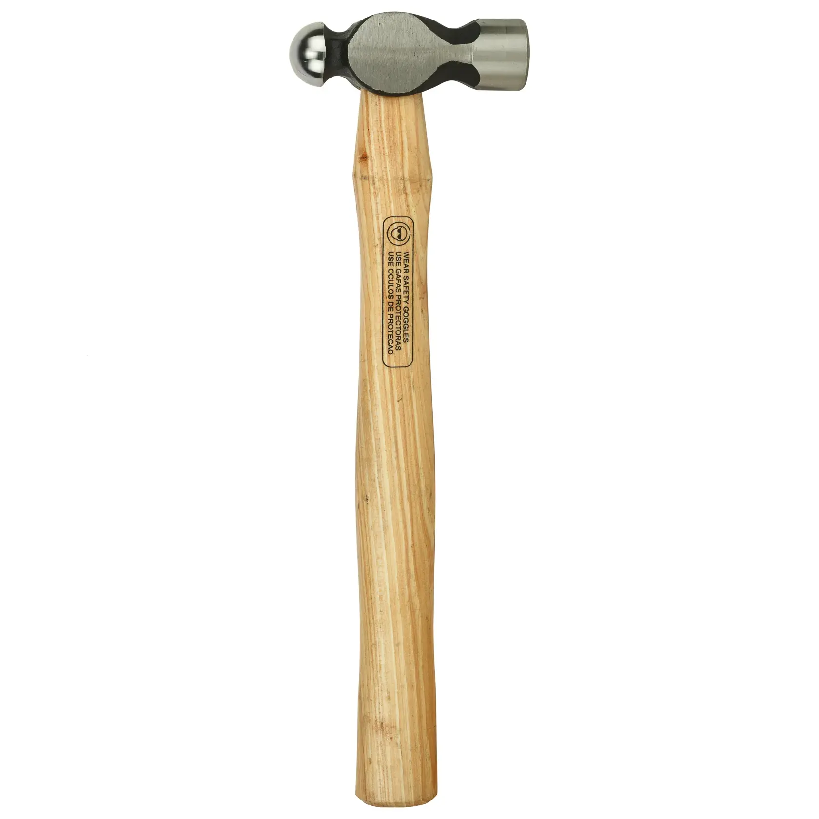 A ball peen hammer with a wooden handle and metal head, useful for metalworking and general tasks.