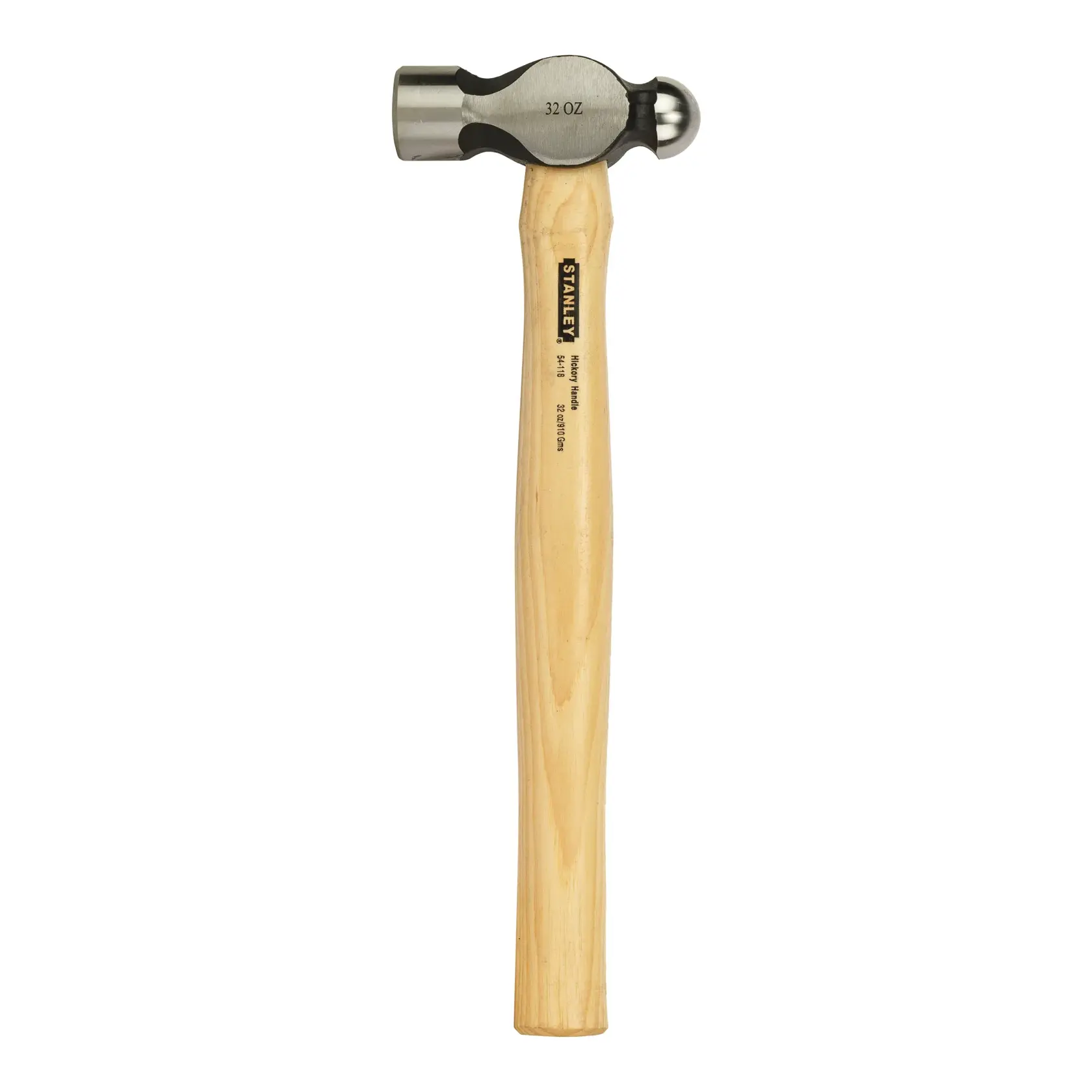 Stanley ball peen hammer with wooden handle and metal head, 32 oz weight, shown vertically on white background.