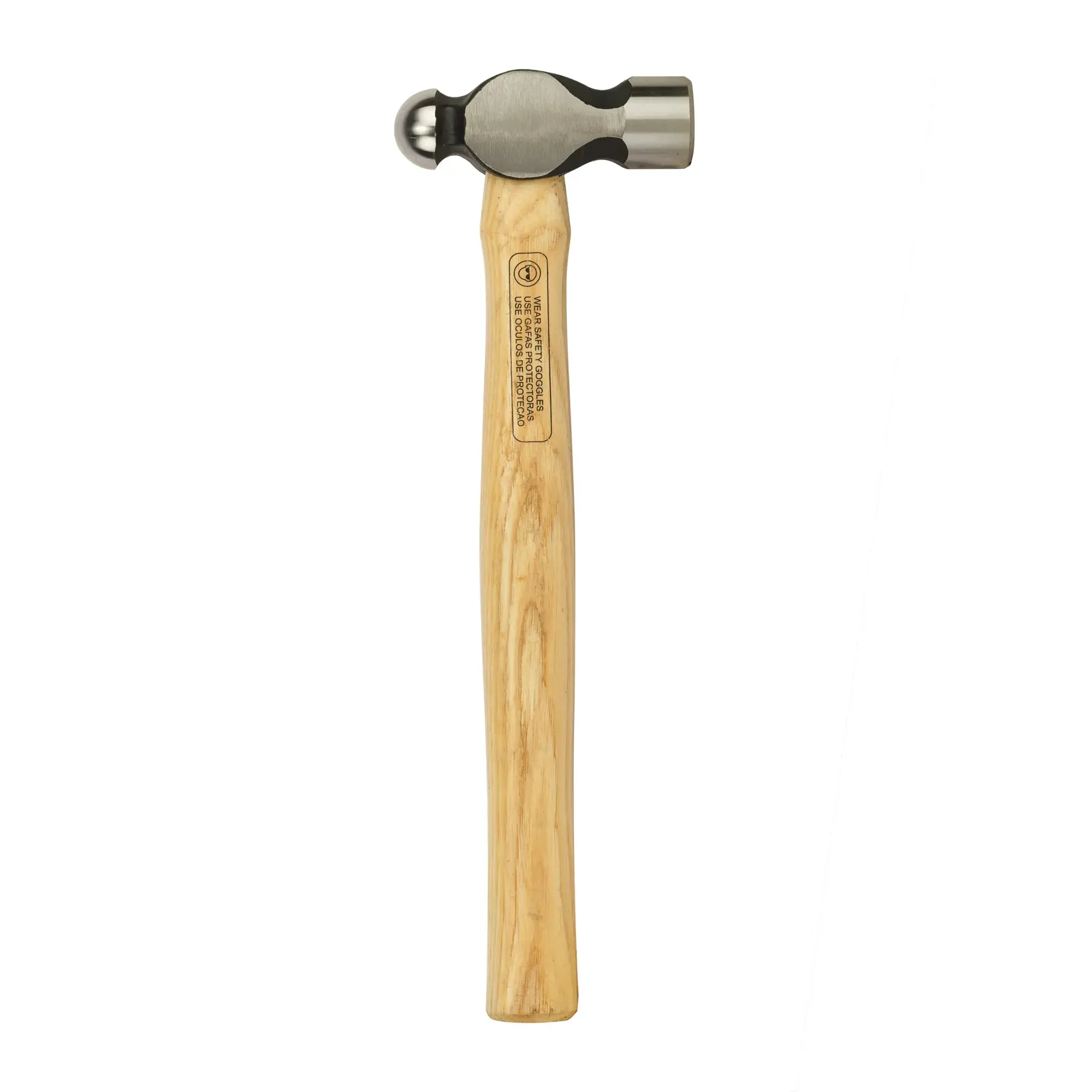 Stanley ball peen hammer with wooden handle against white background.