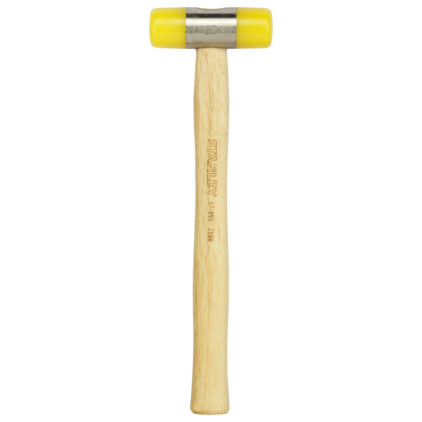 Stanley hammer with wooden handle and yellow plastic heads, used for striking without marking surfaces.