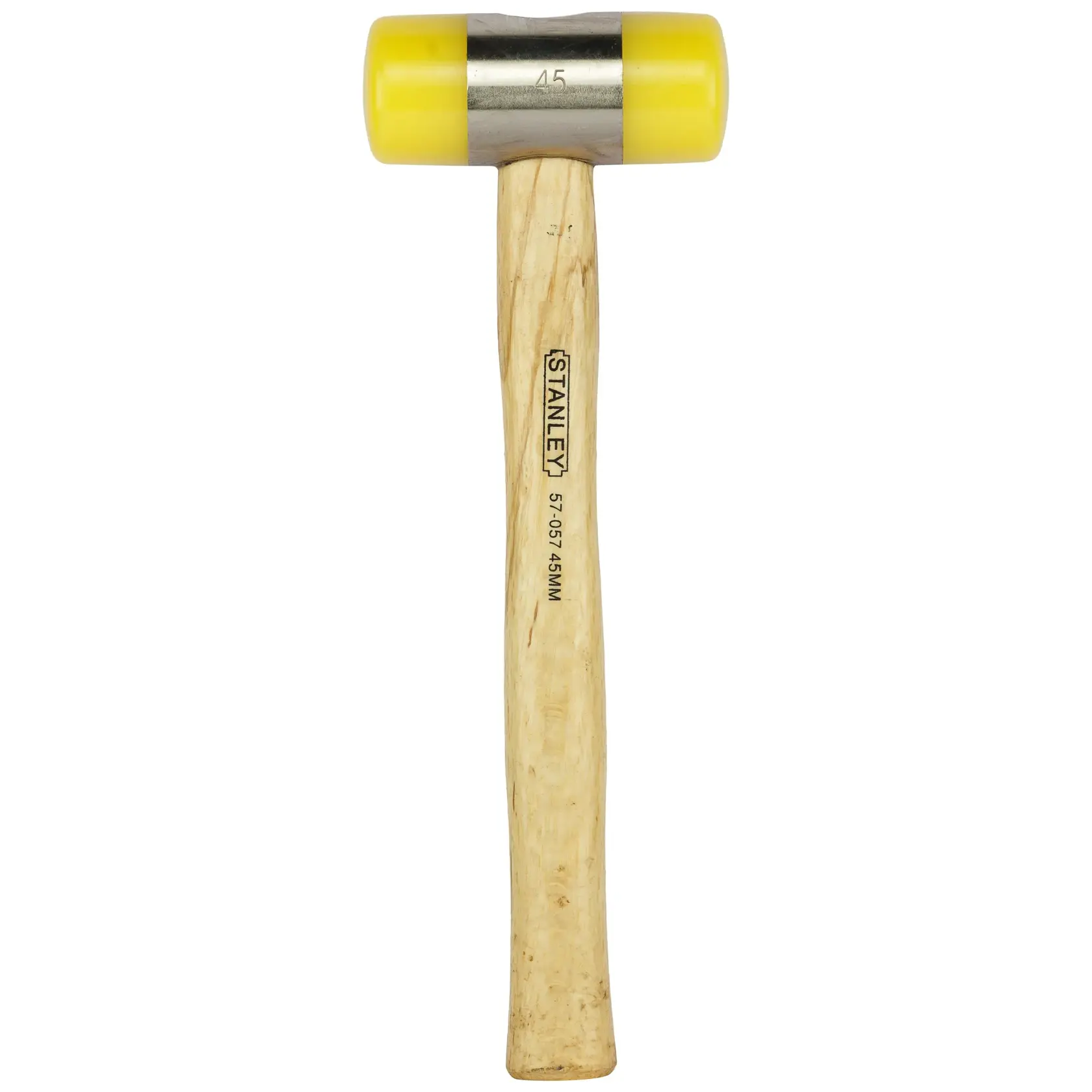 Stanley mallet with wooden handle and yellow dual plastic head, model 57-057, photographed on white background.