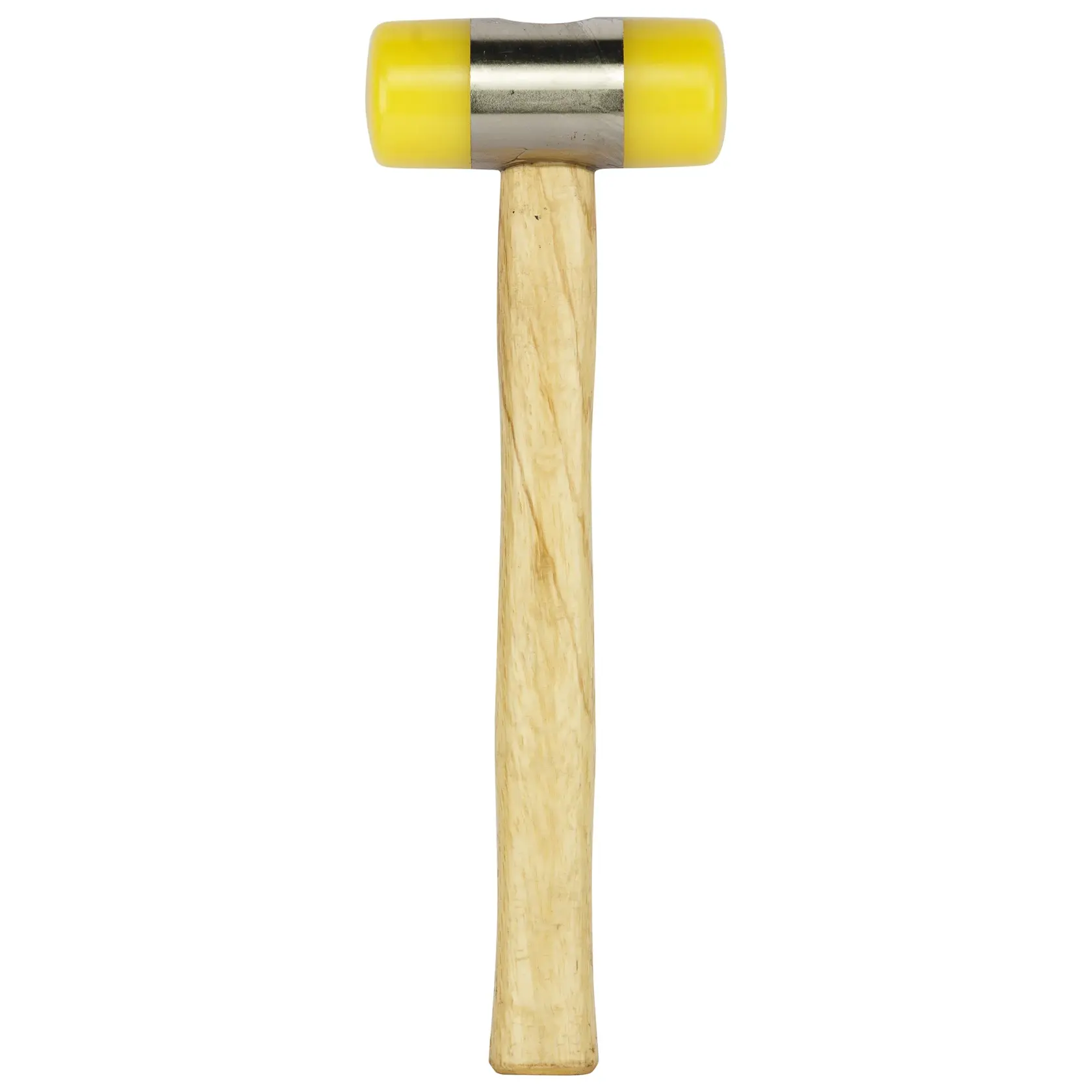 Stanley mallet with yellow plastic head and wooden handle, designed for gentle striking in photography or crafts.