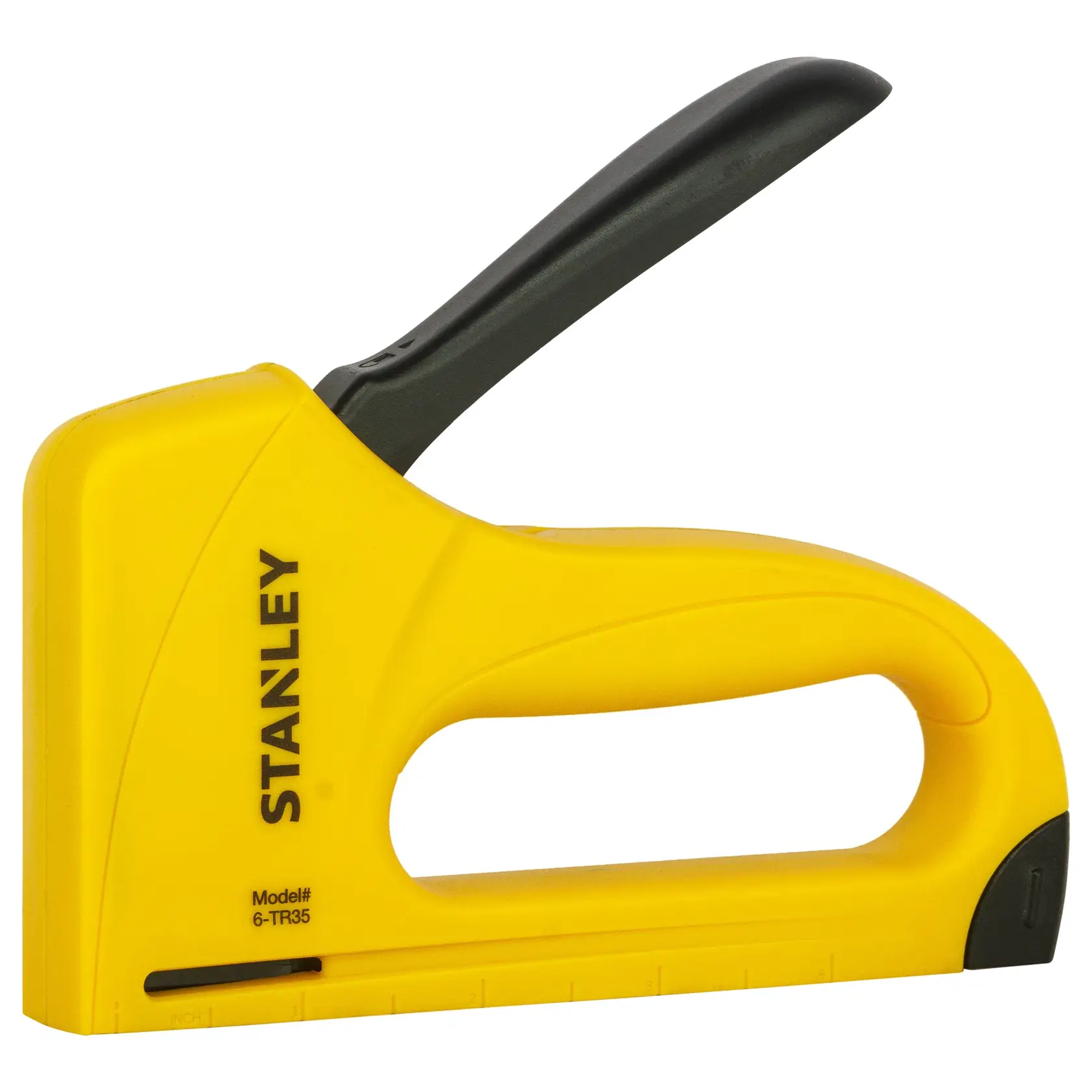 Photo of STANLEY 6-TR35 staple gun, yellow and black, side angle on white background, hand tool category.