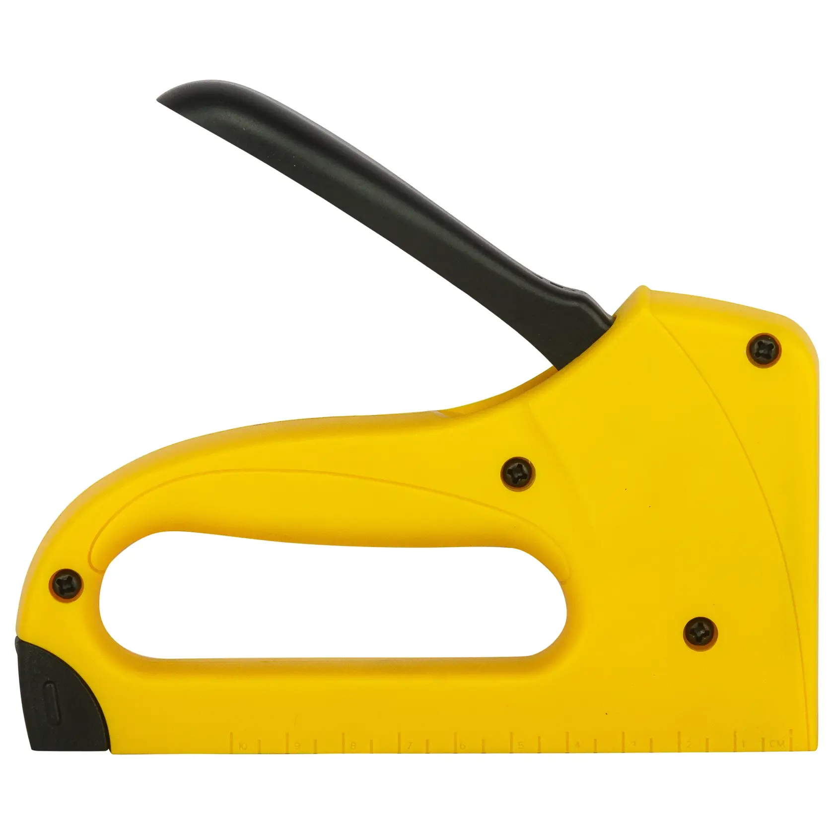 Photo of STANLEY 6-TR35 yellow and black staple gun side view, compact plastic body with ergonomic handle.