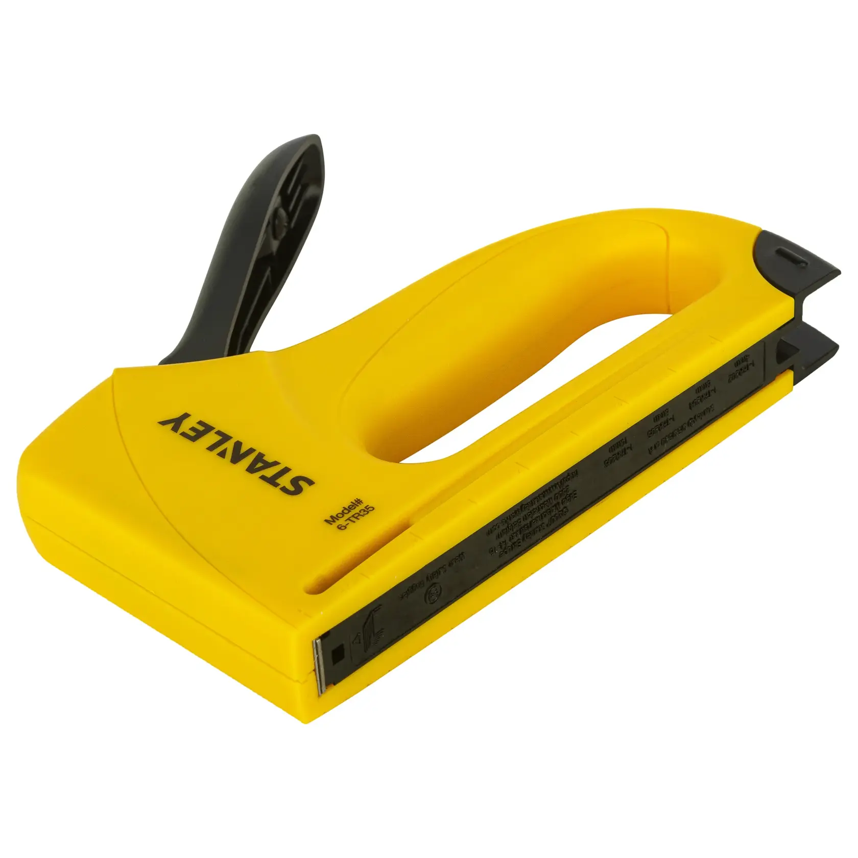 STANLEY 6-TR35 manual staple gun in yellow and black, front angle, shown on white background.