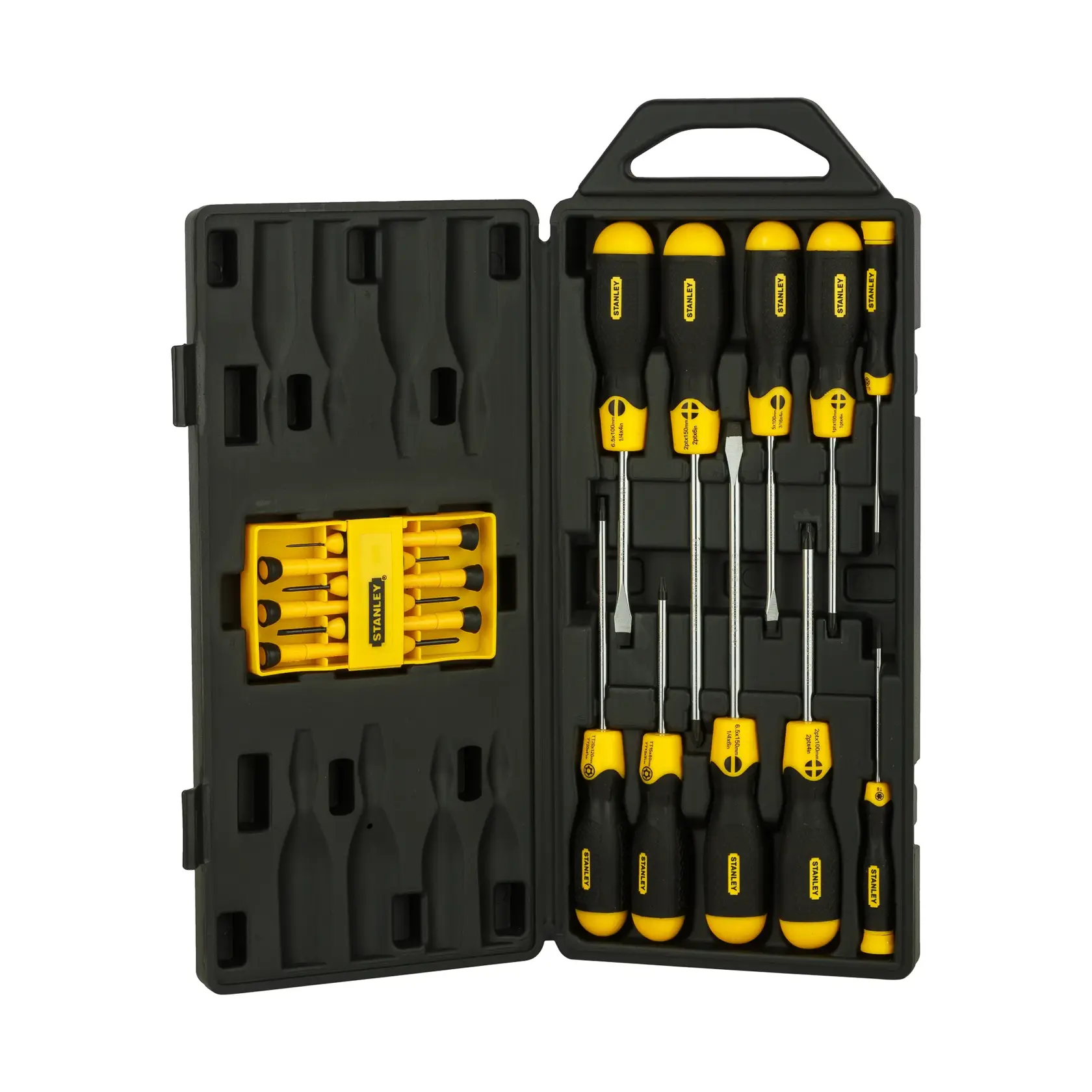 Stanley screwdriver set with yellow handles in a black carrying case, various sizes and types for different uses.