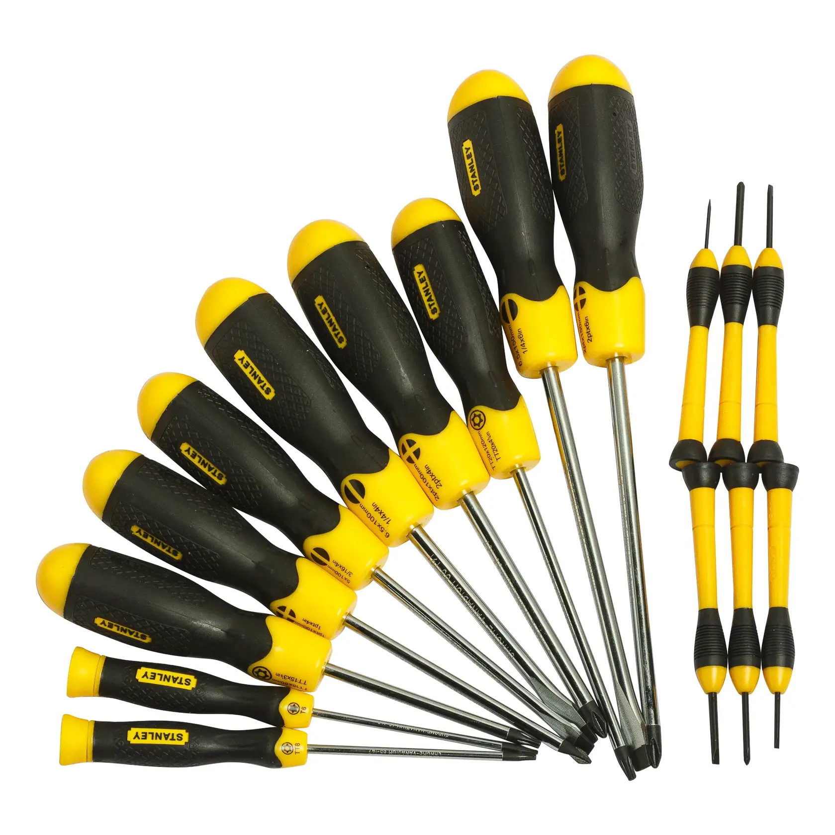 Stanley set of twelve yellow and black screwdrivers with different sizes and types on a white background.