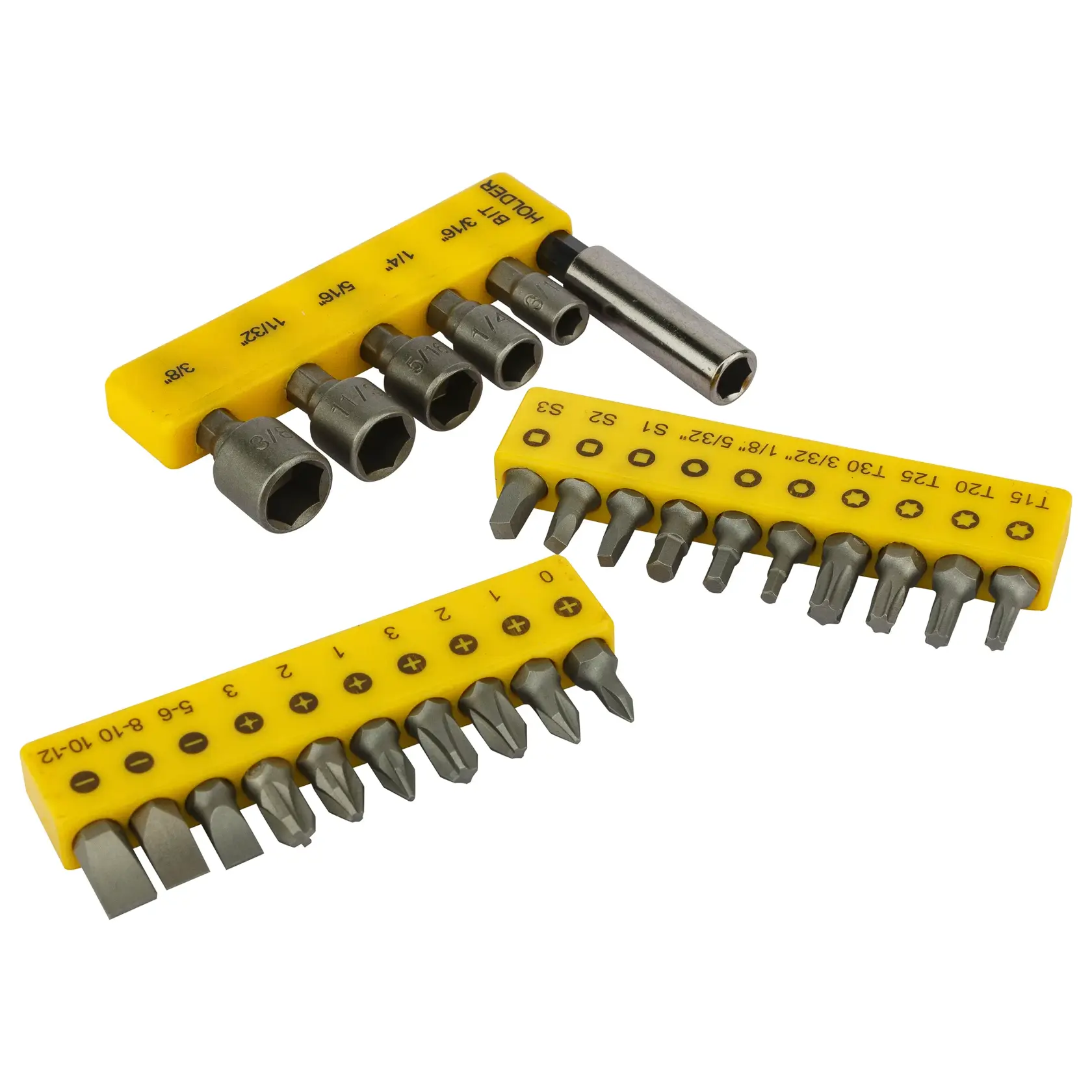 Stanley bit and socket set with three yellow holders for various screwdriver and hex bits.
