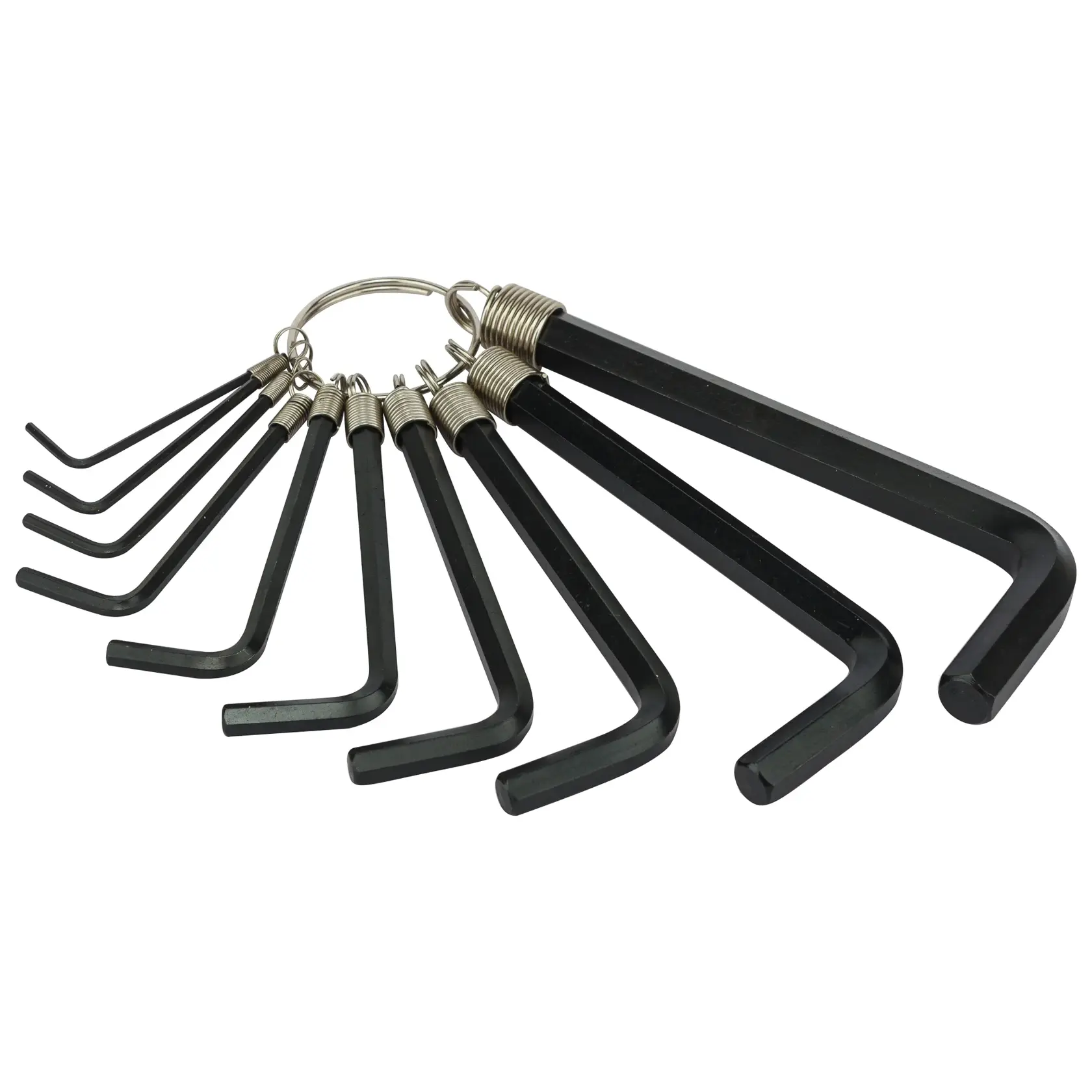 Set of nine black hex keys attached to a metal ring, each key in a different size for various uses.