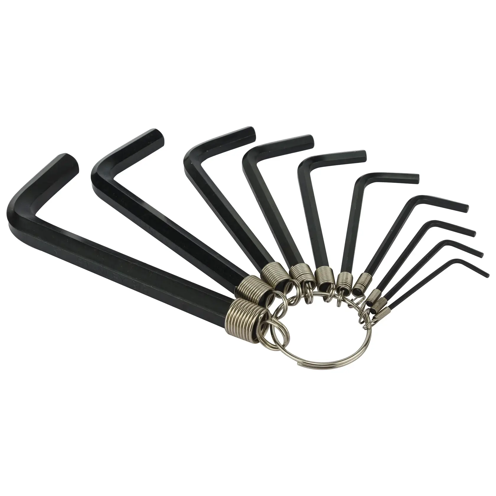 Set of nine hex keys on a metal ring, varying sizes, used for tightening or loosening fasteners.