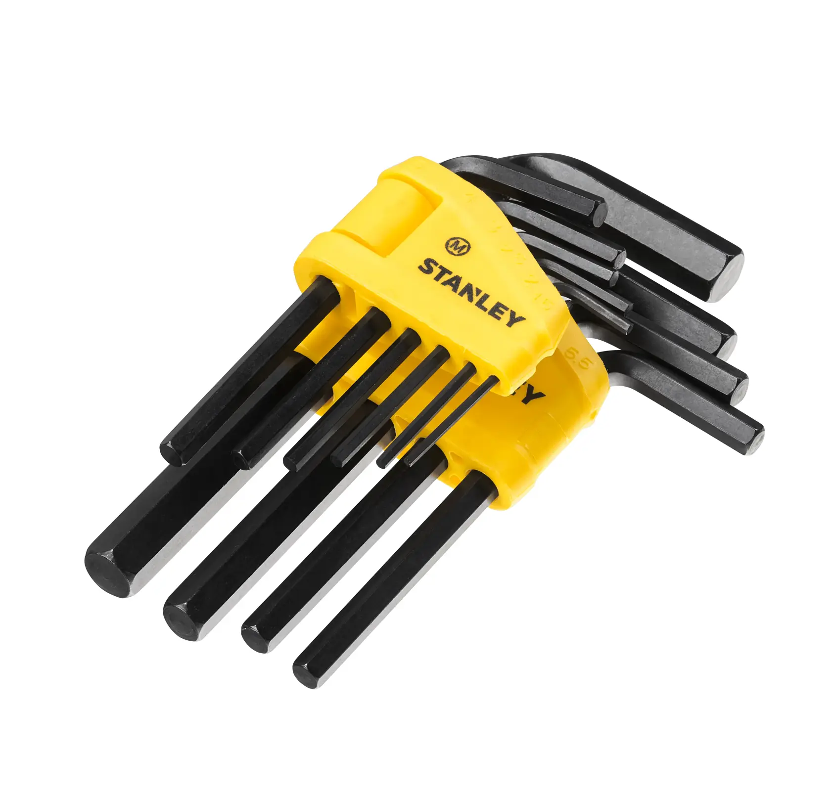 STANLEY 69-253 hex key set with yellow holder, eight black L-shaped wrenches, angled top view.