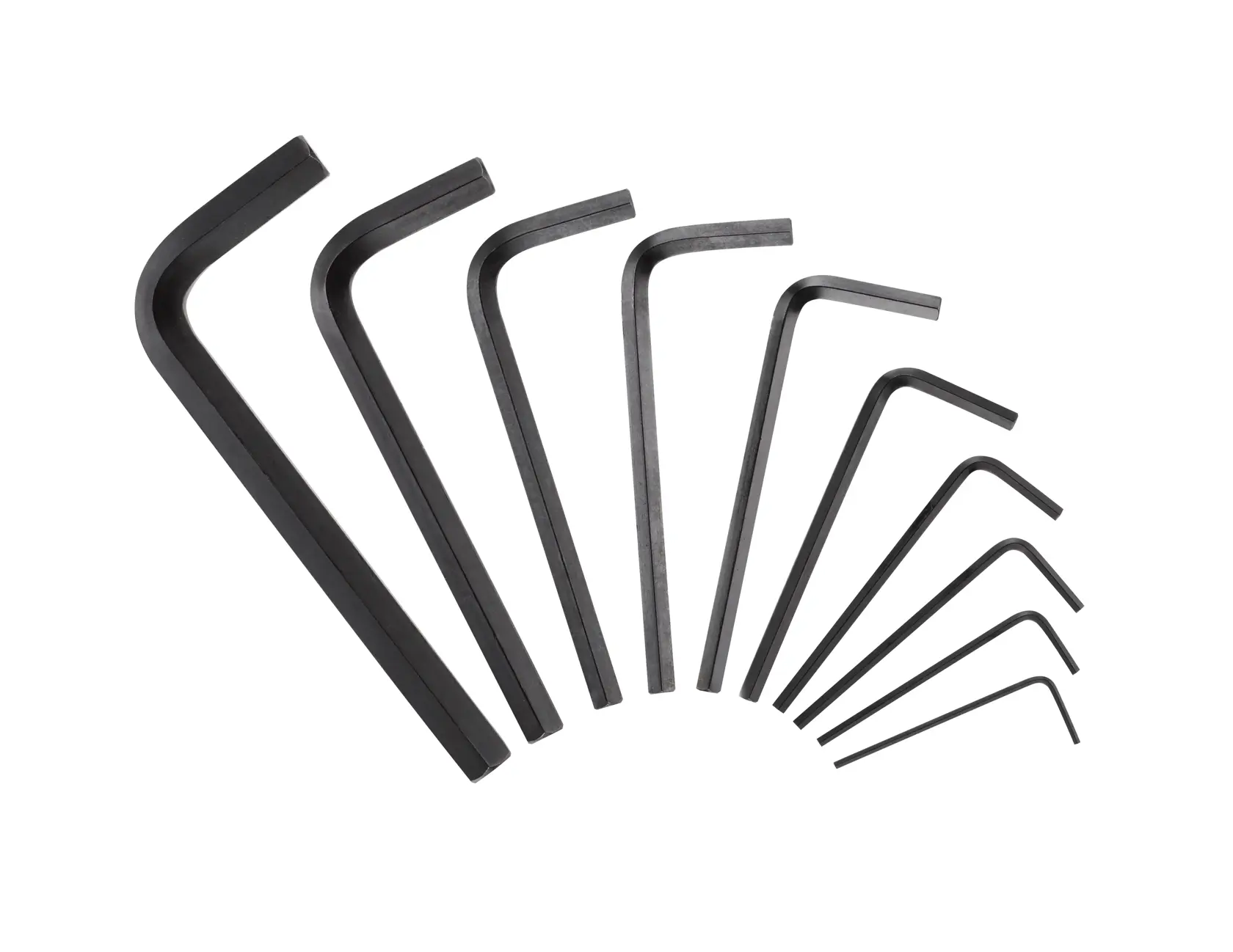 STANLEY 69-253 hex key set, photography of 10 black L-shaped keys in fan arrangement, front angle.