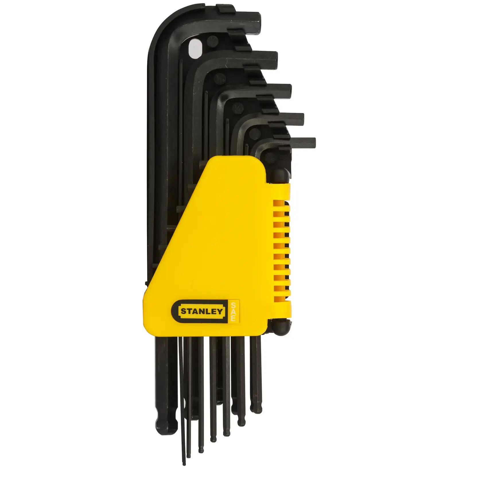 STANLEY 69-257 hex key set with black L-shaped wrenches in a yellow holder, product front view.
