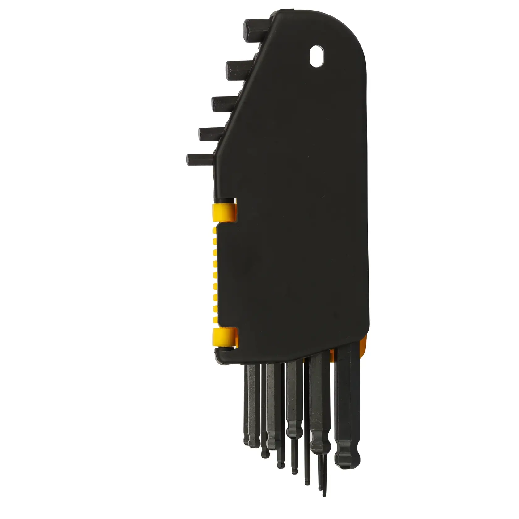 STANLEY 69-257 hex key set in black and yellow plastic holder, side view.