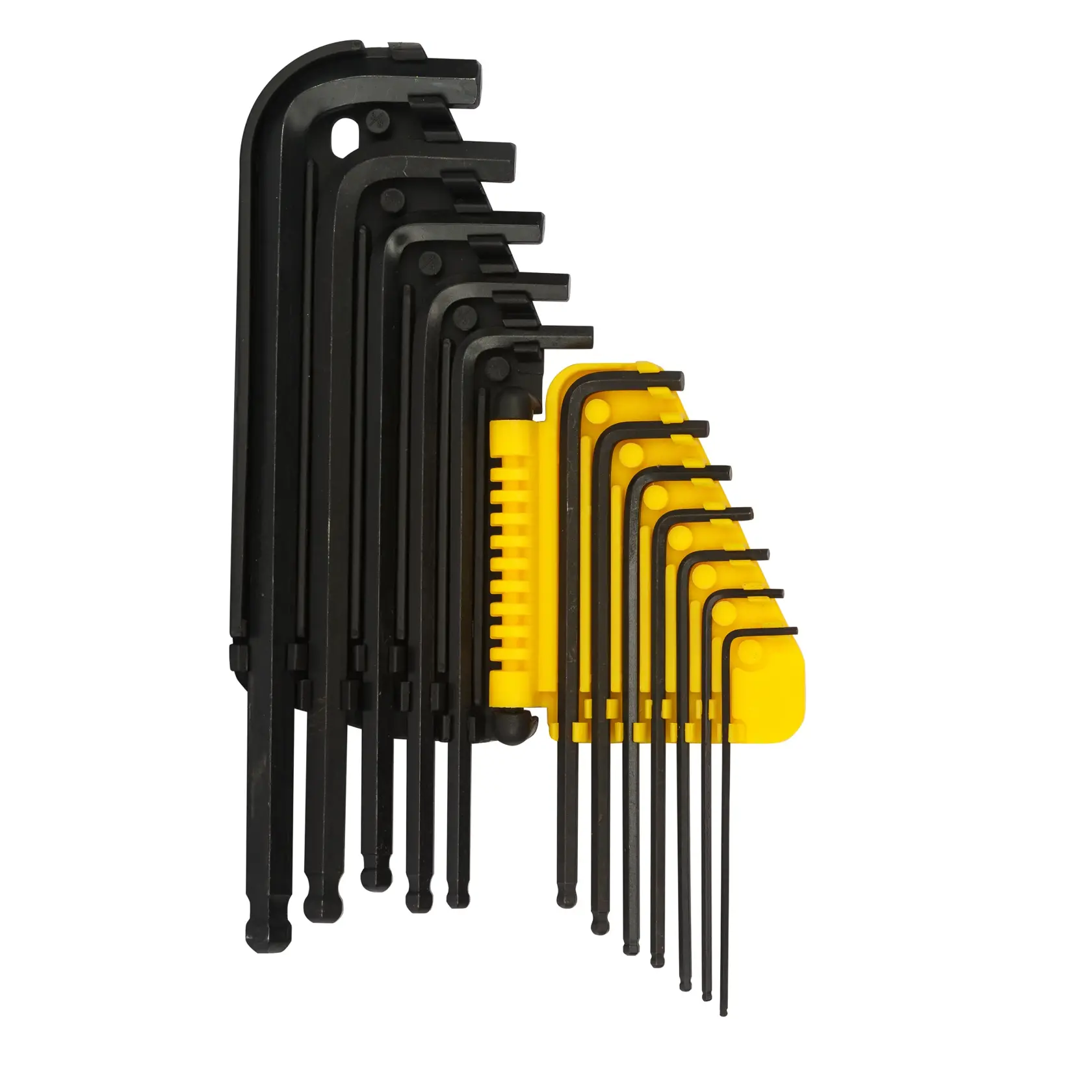 STANLEY 69-257 hex key set with black L-shaped wrenches and yellow holder, top view, hand tools.