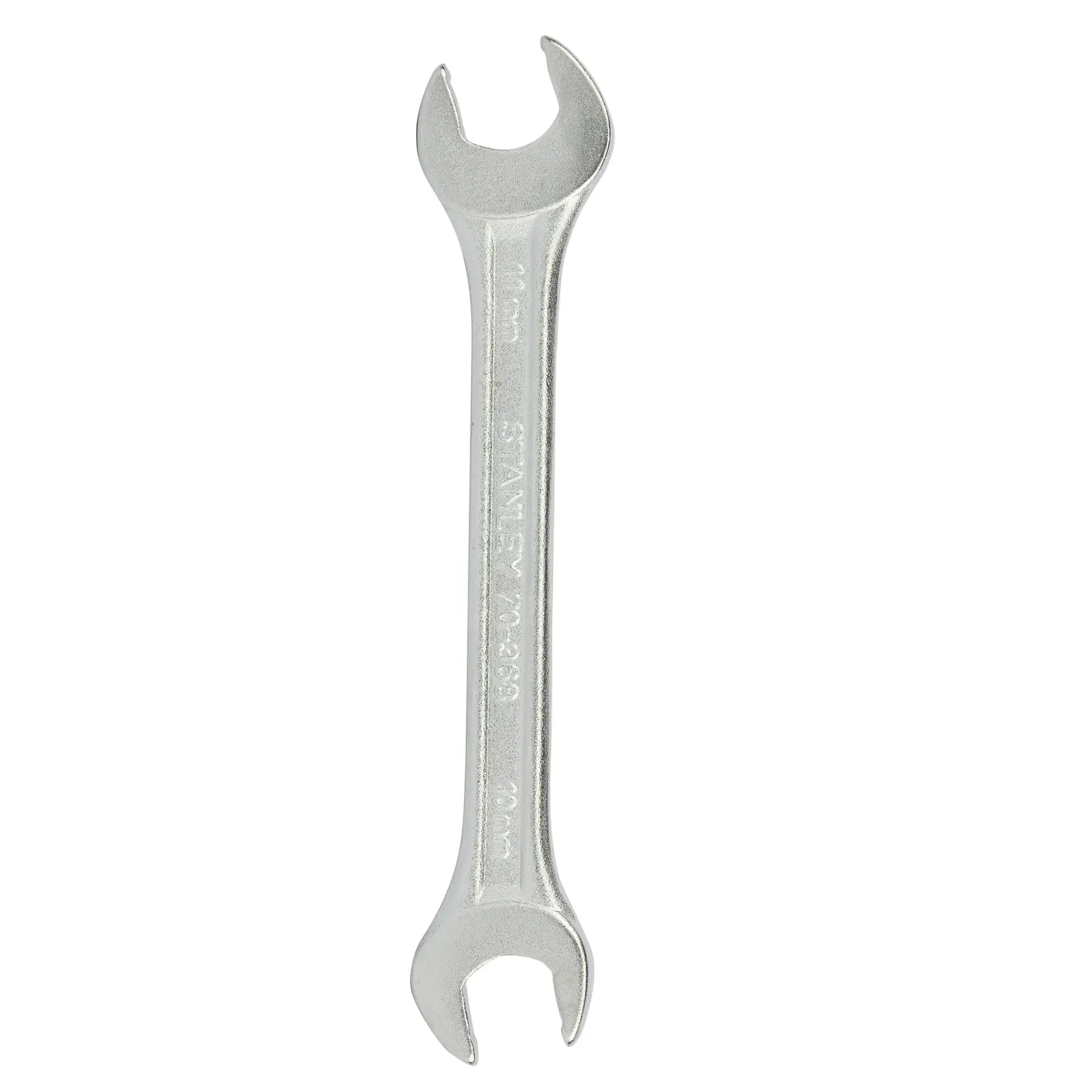 STANLEY 70-368E open-end wrench, silver, 10mm, hand tool, top view on white background.