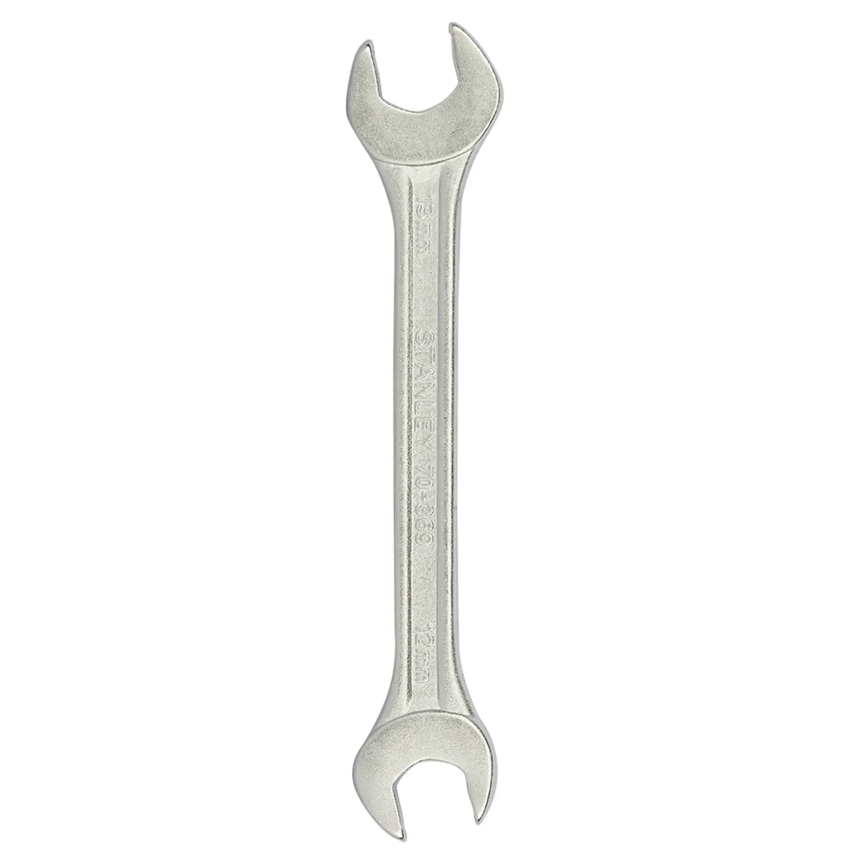STANLEY 70-369E open-end wrench, silver finish, photography of tool flat on white background.
