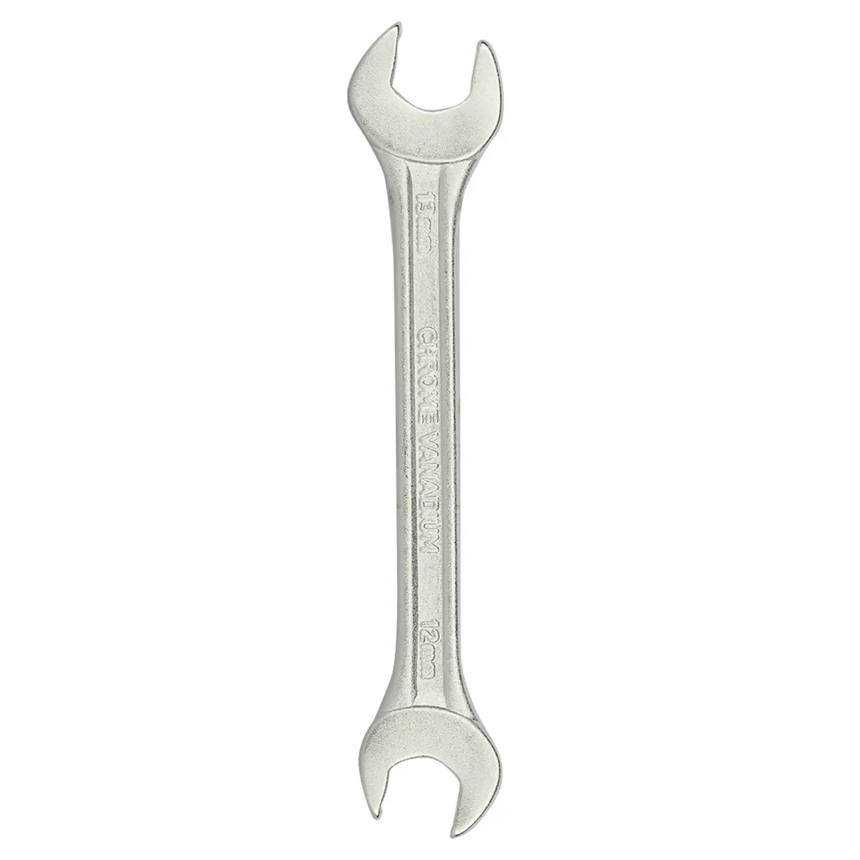 STANLEY 70-369E double open end wrench, silver, with 12mm and 13mm ends, top-down view on white background.
