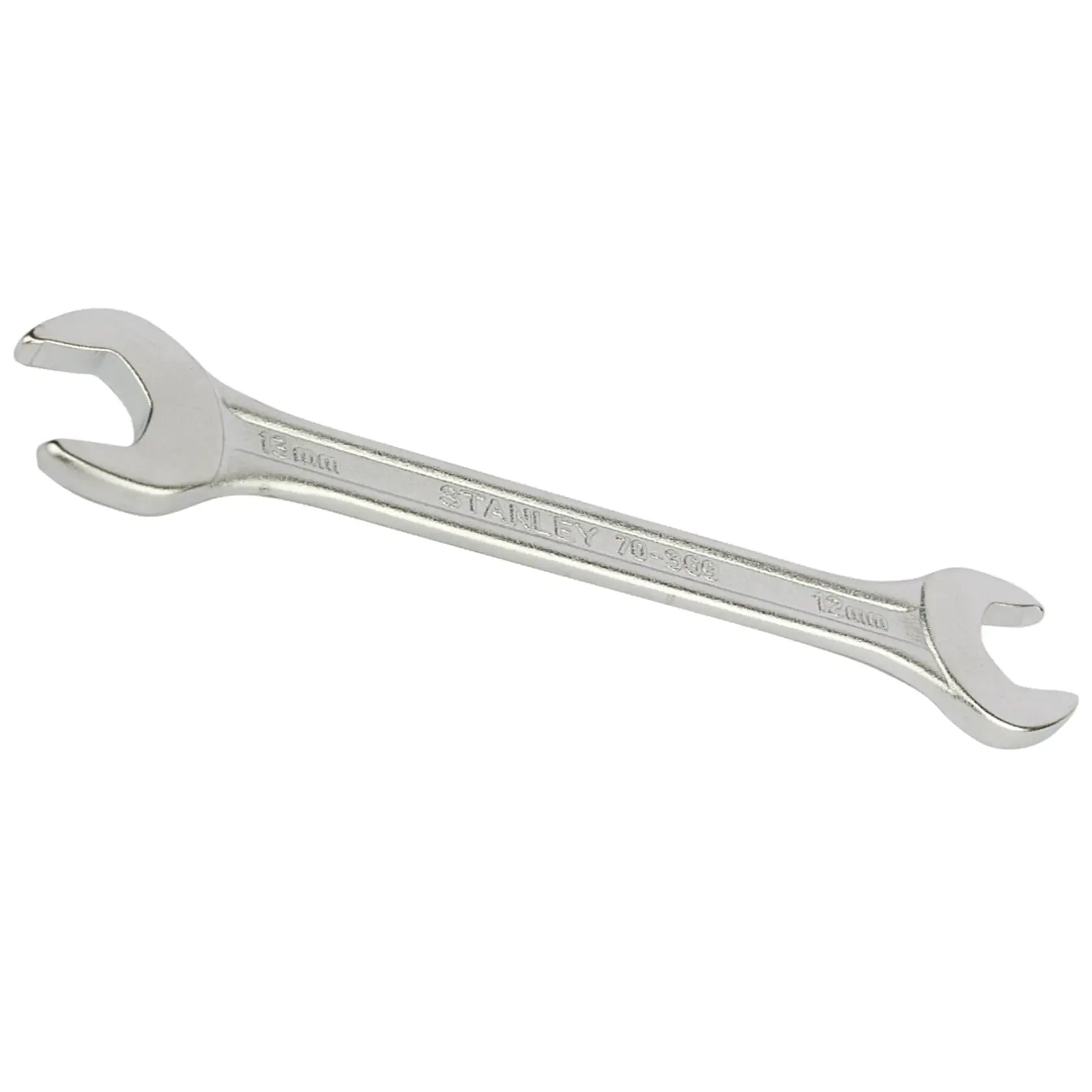 STANLEY 70-369E open-end spanner with dual heads, silver finish, shown at an angle on white background.