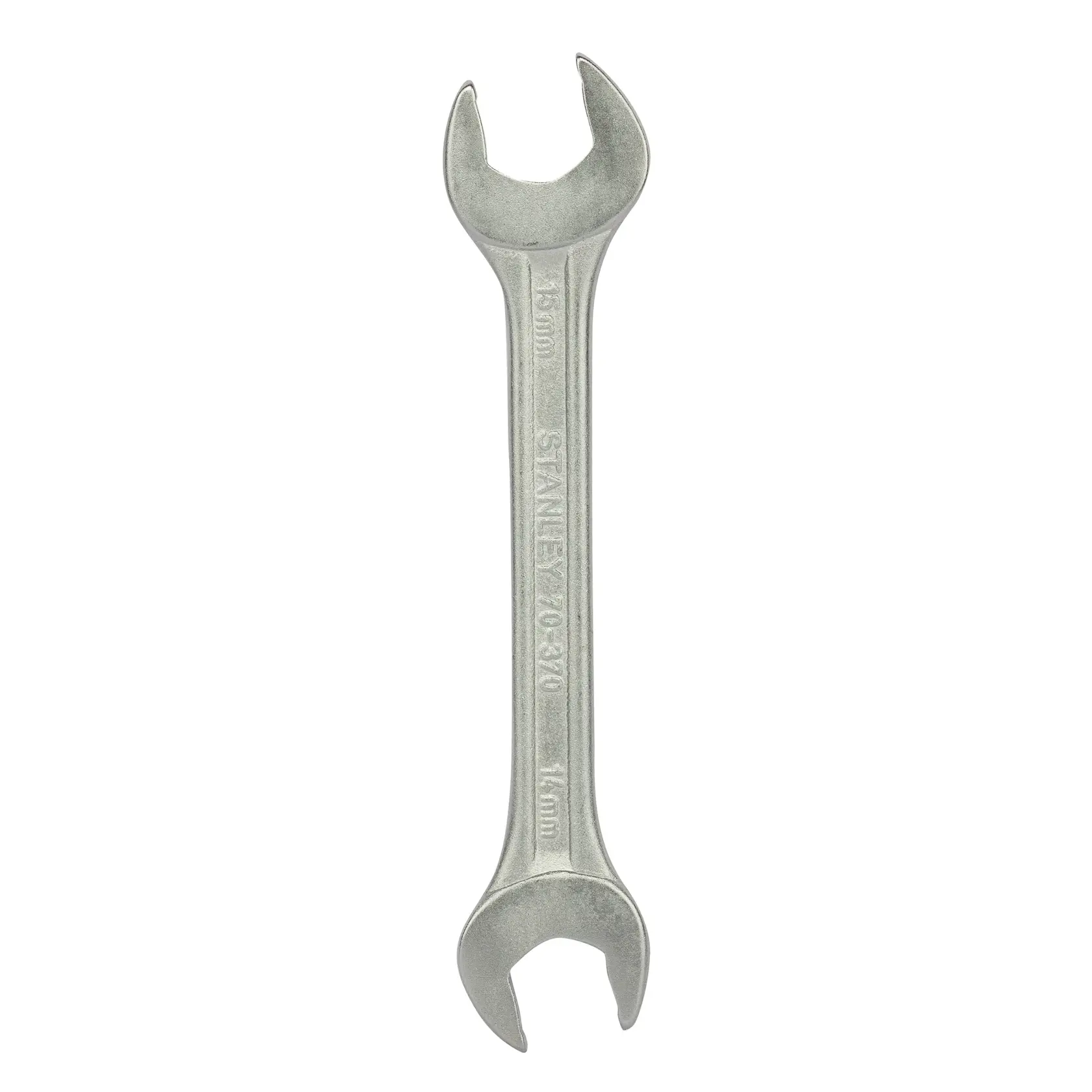 STANLEY 70-370E open-end wrench, silver, 15cm length, photography of top view on white background.