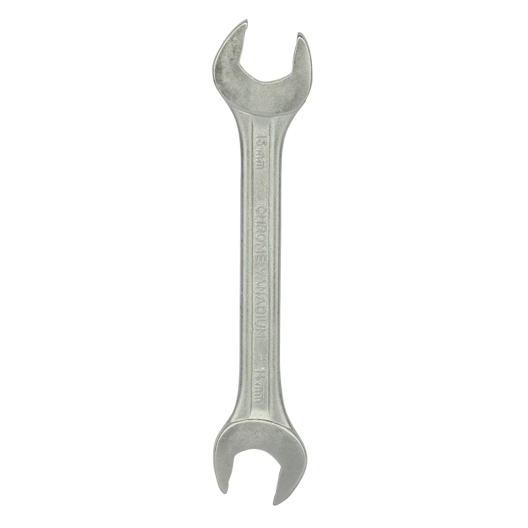 STANLEY 70-370E open-end wrench, silver, 15mm and 16mm, top-down view, hand tool for tightening or loosening nuts.