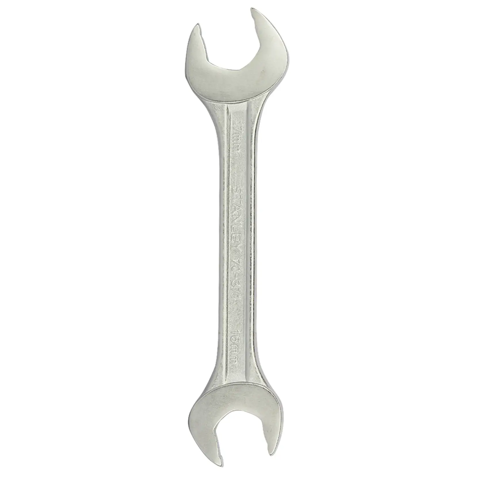 STANLEY 70-371E open-end wrench, silver finish, front angle, photography product category.