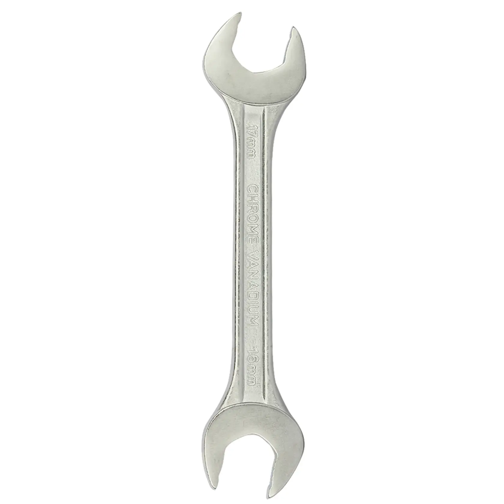 Photo of STANLEY 70-371E open-end wrench, silver chrome vanadium, 17mm and 16mm, front angle on white background.