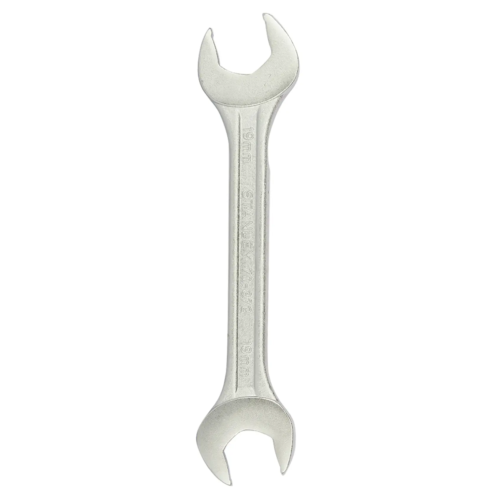 STANLEY 70-372E open-end wrench, silver, 19mm size, hand tool, top view on white background.