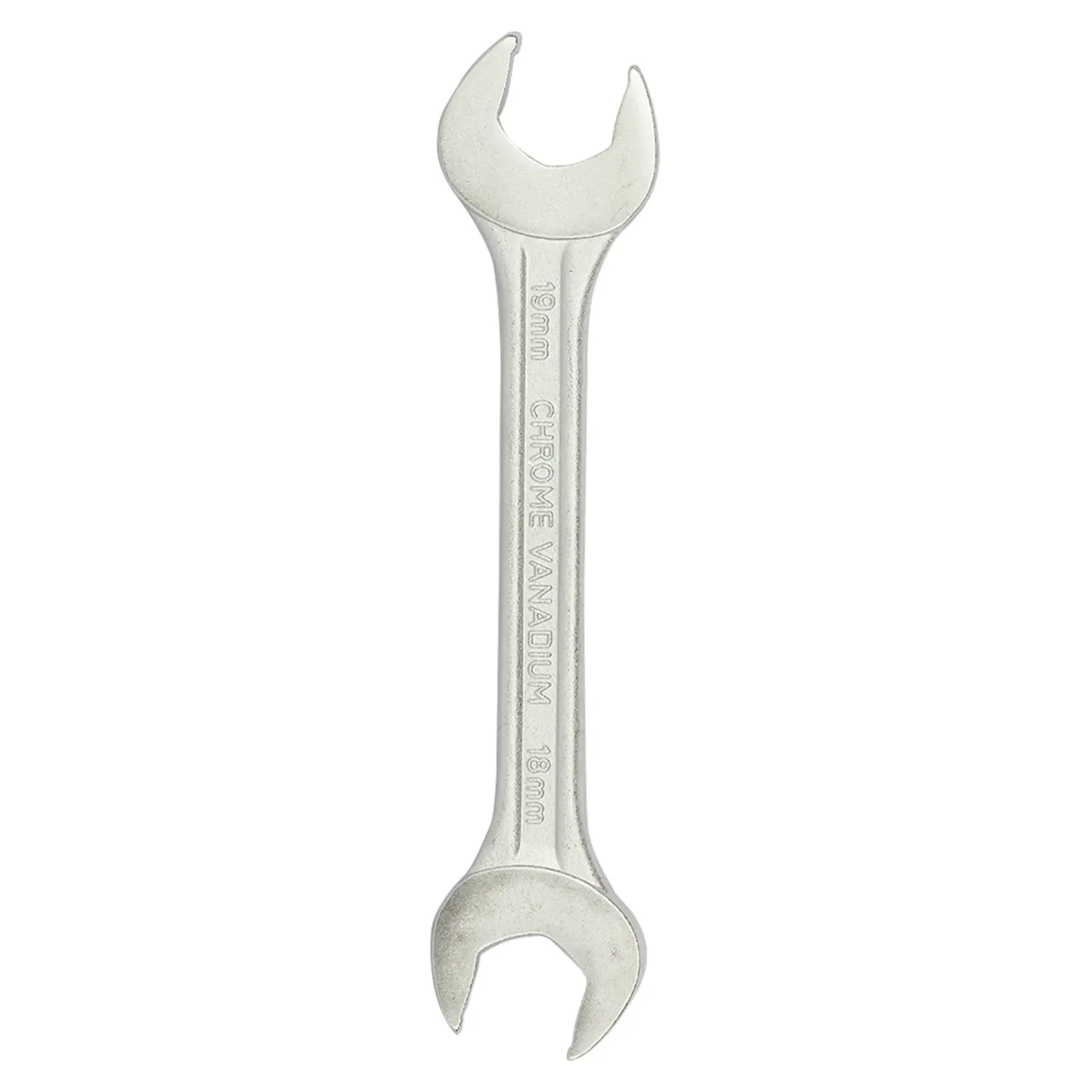 STANLEY 70-372E open-end wrench, chrome finish, 18mm, product photography, top view on white background.