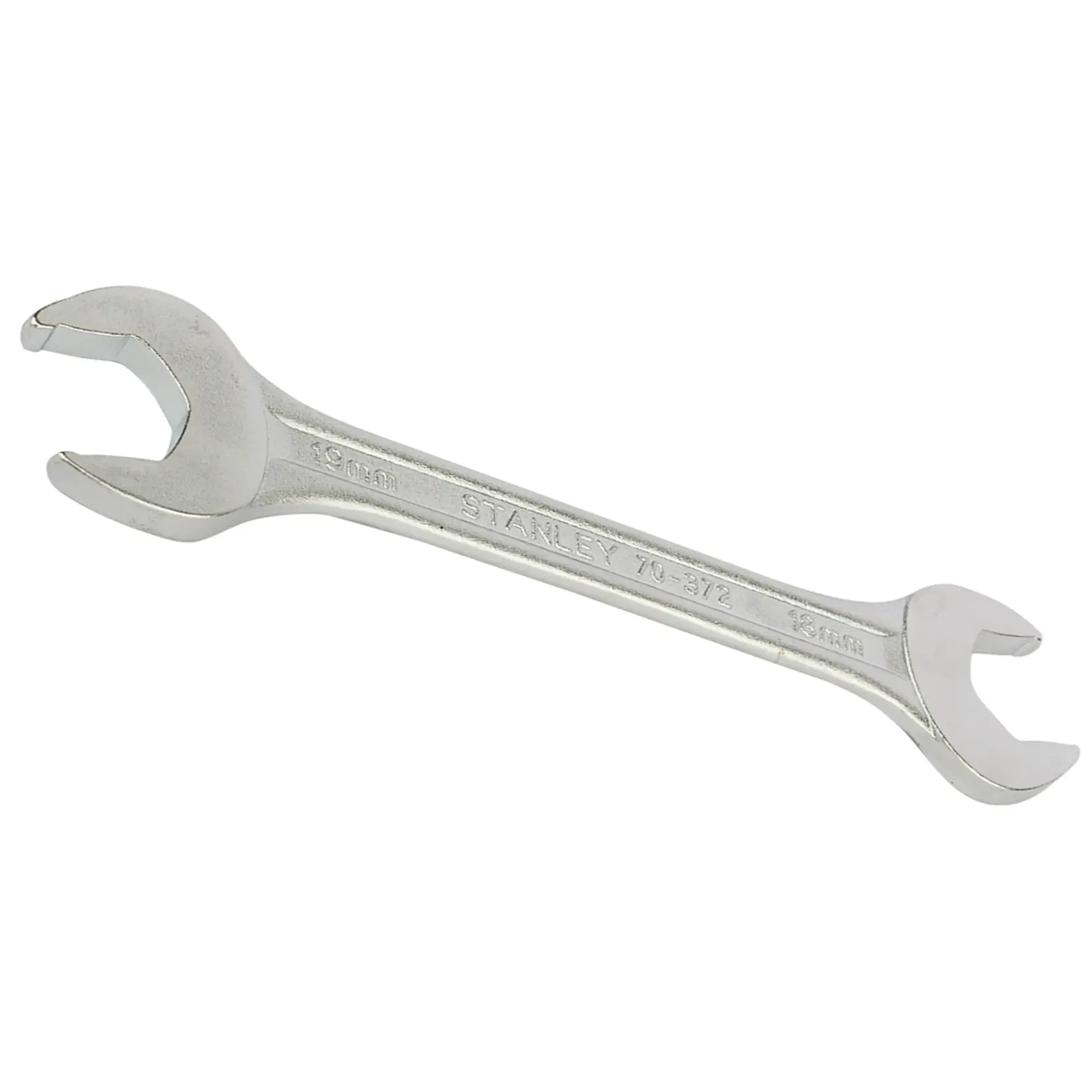 STANLEY 70-372E open-end wrench, dual-ended, silver, 19 mm and 18 mm sizes, white background, angled view.
