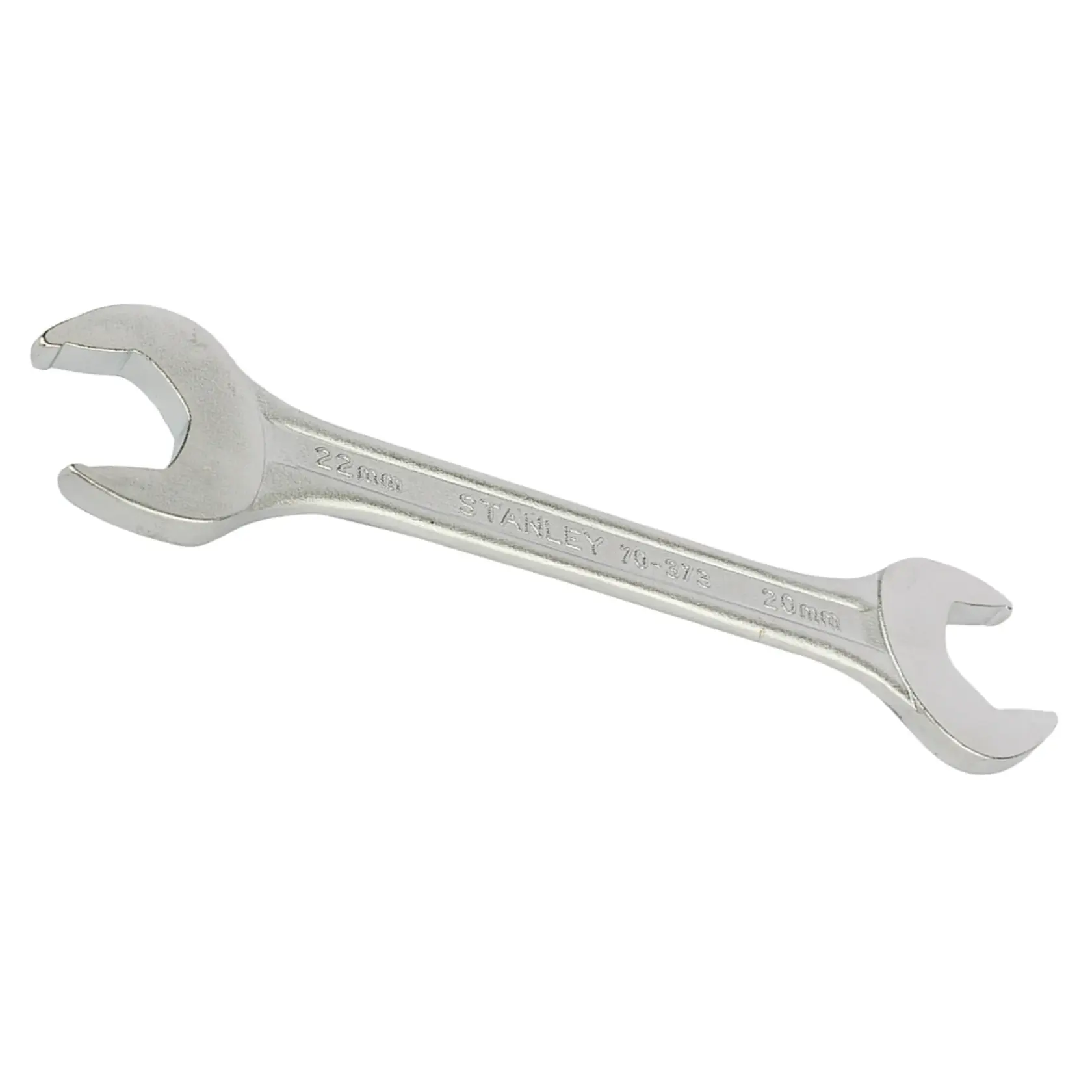 STANLEY 70-373E open end wrench, silver, dual head, angled view on white background, hand tool photography.