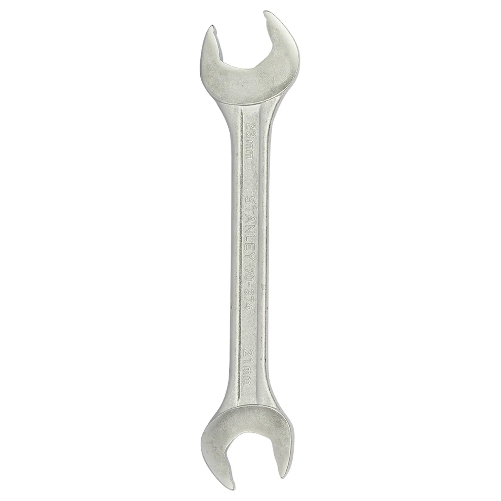 STANLEY 70-374E double open-end wrench, silver, 23mm and 21mm, top view on white background.