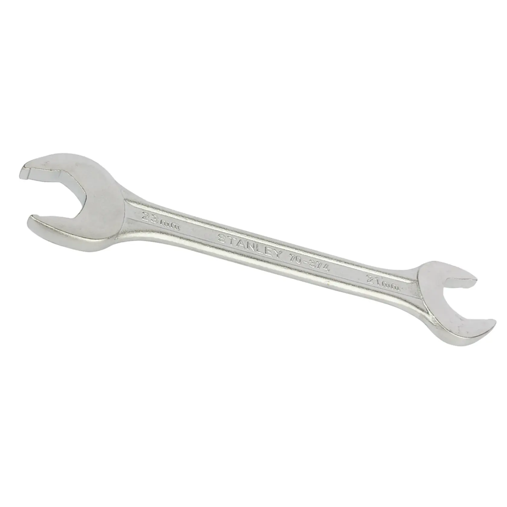 STANLEY 70-374E double open end wrench, silver, photography on white background, hand tool.