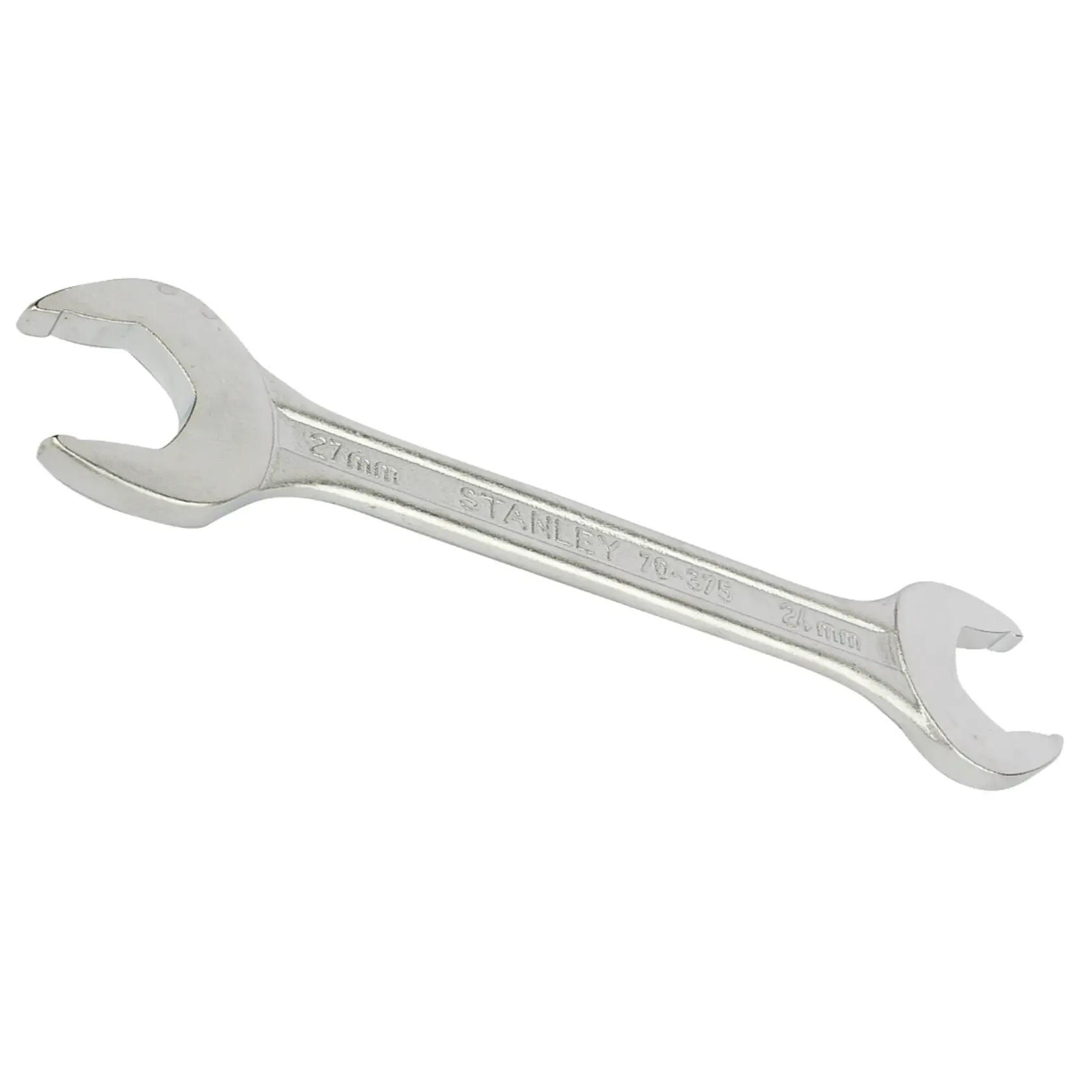 Photo of STANLEY 70-375E open-ended spanner, silver finish, angled, isolated on white background, hand tool.